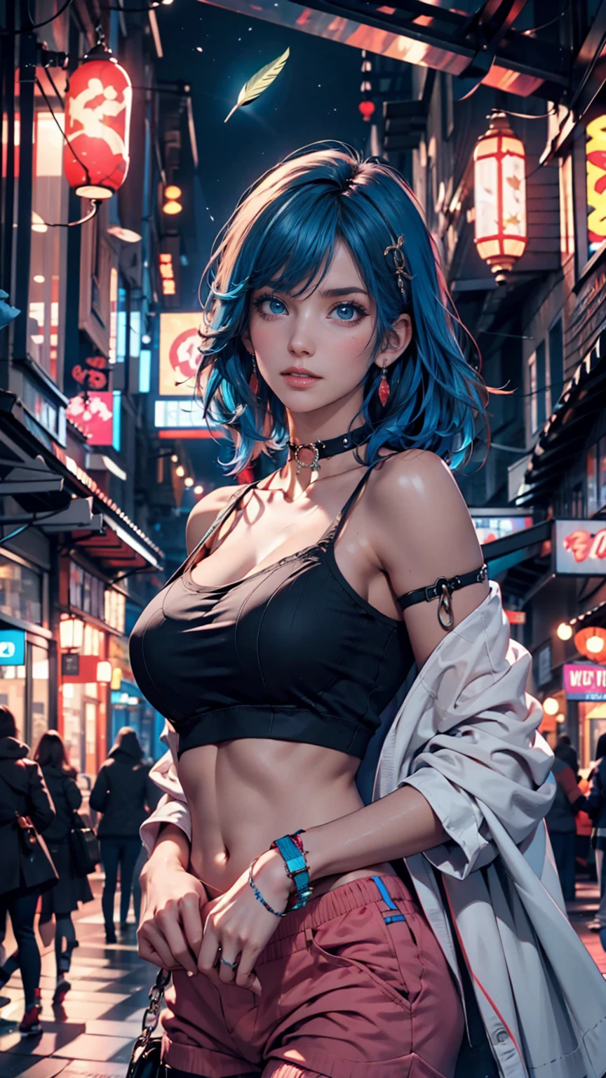 In the gritty, dystopian cityscape、A determined gaze pierces the smoky atmosphere、Sexy women stand out。Neon blue hair partially covers her enhanced eyes.、It shines like a little lantern in the dim light.。Her hazel eyes、She poses confidently, exposing her mid-sized chest beneath the plunging neckline of her firefighter jacket.、It looks like it&#39;s peering at the viewer.。The metal and synthetic materials of futuristic armor glow in the neon haze.、Bright orange and red accents highlight reinforced joints。Towering skyscrapers loom behind her.、Its reflective surface amplifies the city&#39;s neon signs and floating embers.。