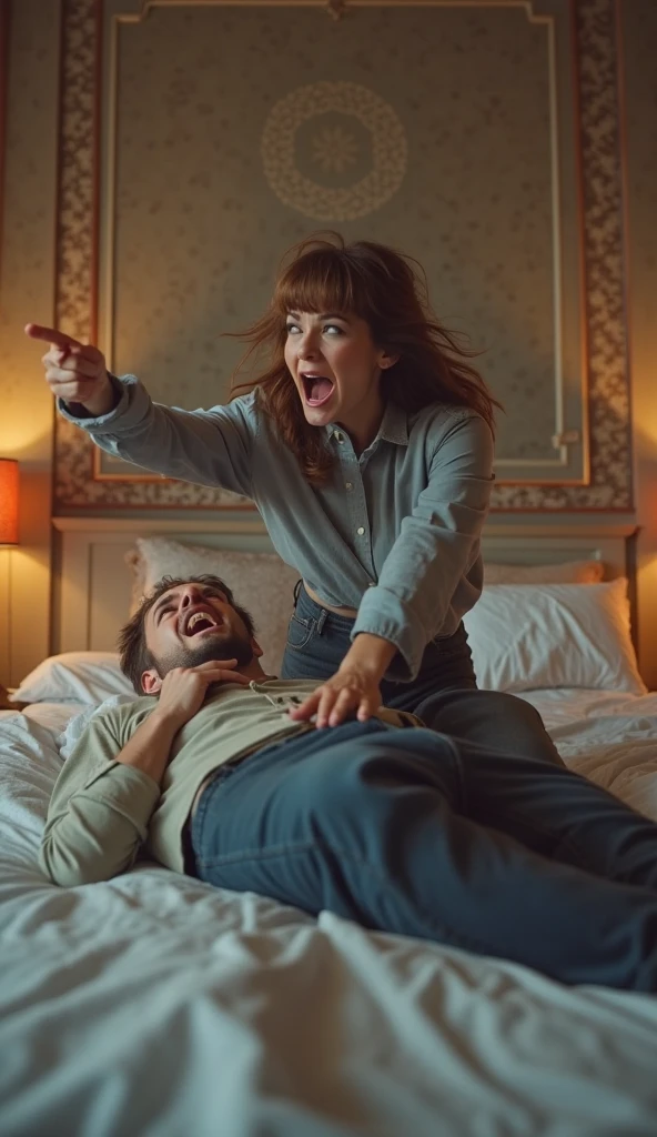 A 170 cm tall, 24-year-old woman with vibrant maroon, wavy medium-length hair layered and parted to the side, very pale skin, fit and toned figure, and pale blue eyes. She is wearing a white off-shoulder sweater and lavender shorts. The woman is straddling the hips of a 22-year-old man lying supine with a lean build, short platinum blond layered hair with side-swept bangs, blue eyes, and Germanic-Icelandic features. He is wearing tight black pants and a red T-shirt. The woman has an incredulous expression as she looks down at the man she has pinned to the floor inside a giant walk-in closet. The man has an excited expression looking up at her. The scene is photorealistic and cinematic.