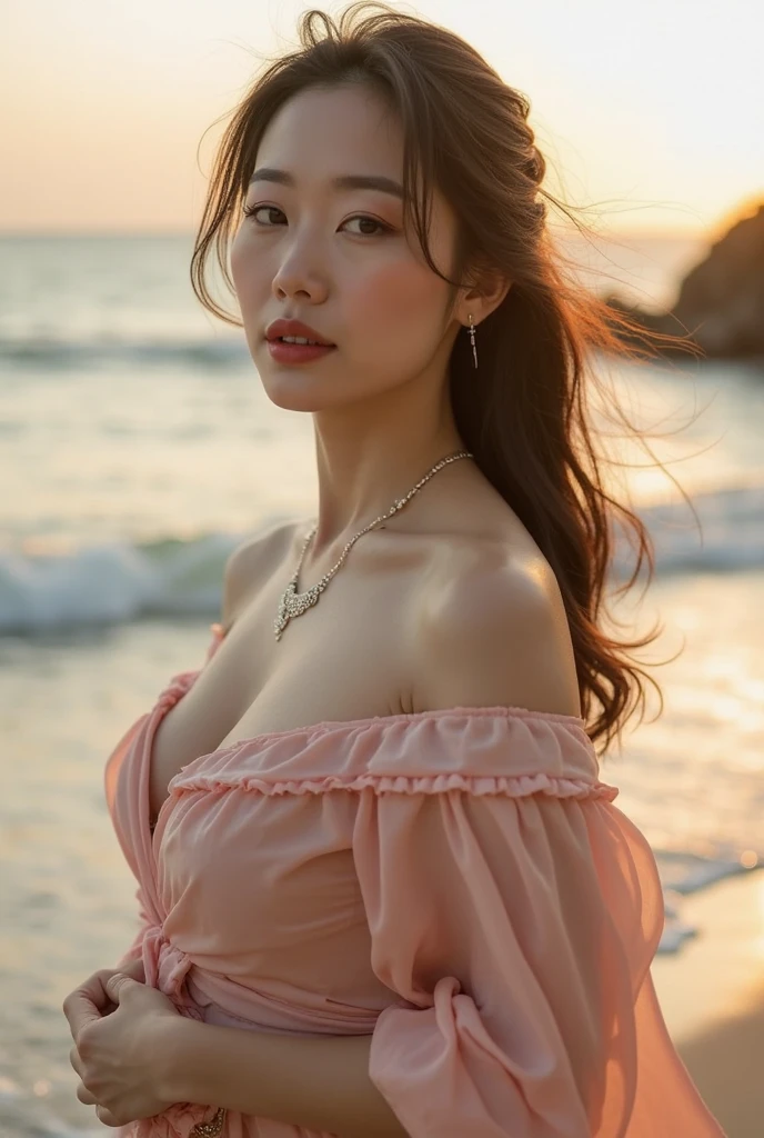 girl, Solo, Jewelry, Long hair, Necklace, earrings, gaze at the audience, Cowboy Camera, off shoulders, Wavy Hair, Bare shoulders, The overall picture is bright, Gray eyes, Lips, Parted lips, Wearing a miniskirt that shows your panties, frilld, (Red dress :1.3), Colored balloons, Green grass、reddish、background under yellow balloons :1.5),Huge breasts、kawaii、Long hair fluttering in the wind、wet white wear、Embarrassed face、Put your hands on your chest、companion、On the beach、Lively poses、