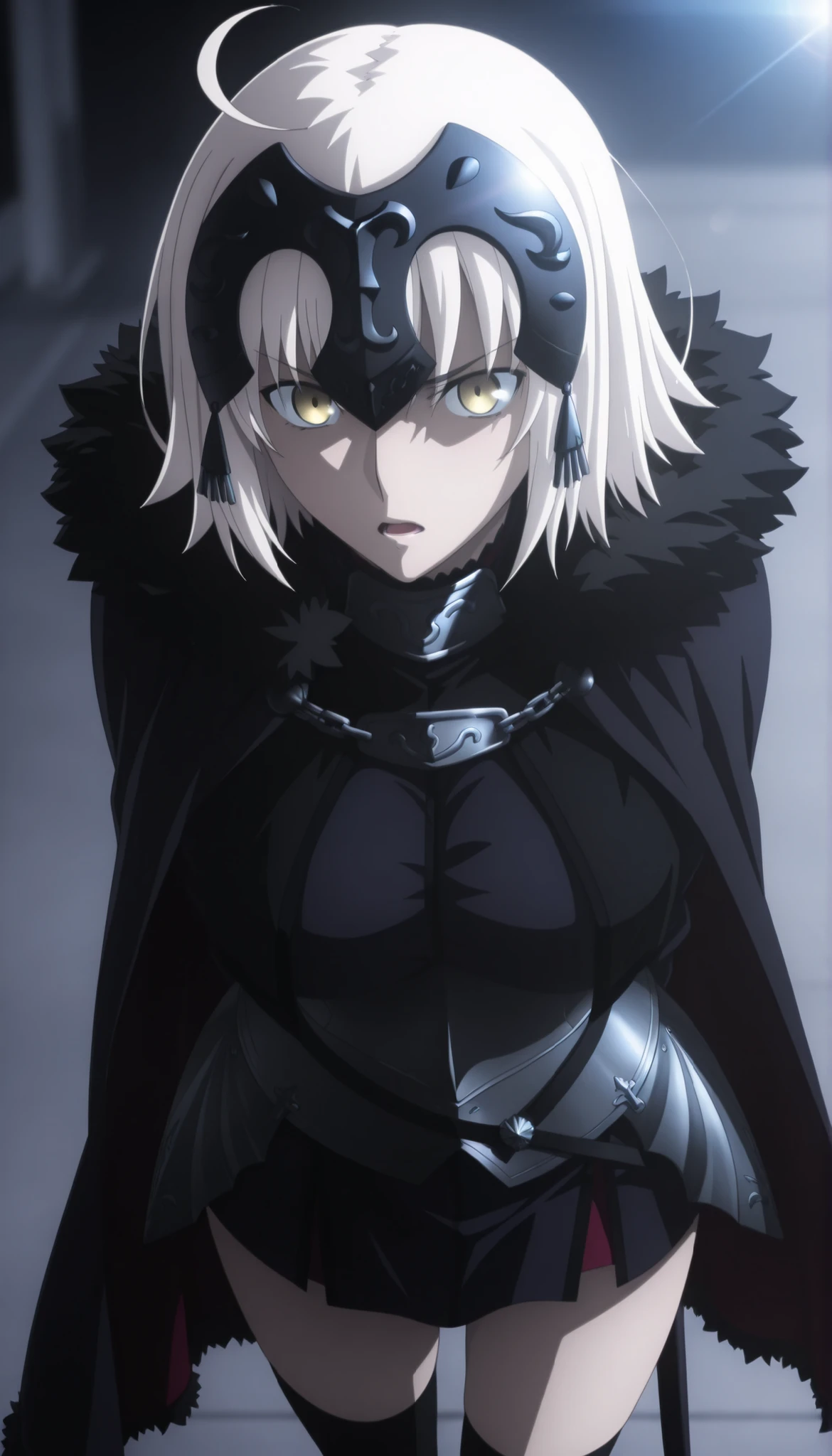 masterpiece, best quality, amazing quality, highres, absurdres, very aesthetic, high resolution, ultra detailed, perfect details, midnight,  , outdoors, ufotable style, (lens flare, , ), backlight, portrait, , blue hour,
 
1girl, ufotable style, anime style,  (anime coloring:1.5), (anime screencap:1.2) ,(aged up:1.4), light smile, raised eyebrows, light open mouth, 
   
girl, mature, slim body, slender body, ,Fate Grand Order, fate, jeanne_d'arc_alter_(fate), jeanne d'arc alter, jalter, white hair, yellow eyes, ahoge, short hair, close-up, breast focus,face focus, 
headpiece, armor, armored dress, black thighhighs, cape, dress, fur trim, fur-trimmed cape, scowl, sheath, short dress, thighhighs, clothes, looking at viewer, embarrassed, , arms behind back, , 