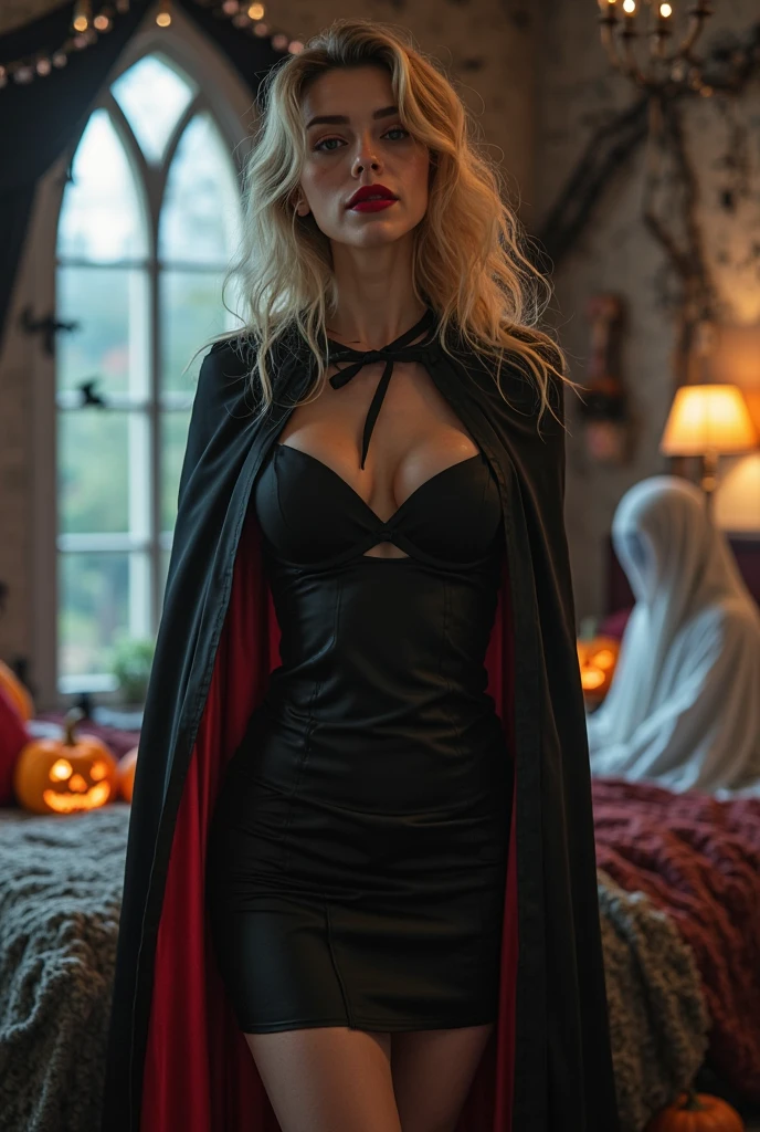 (RAW photo, best quality, masterpiece, ultra-detailed, high res), (realistic),(extremely
delicate and beautiful:1), mesmerizing vampire woman with long blonde hair in high
ponytail detailed features, smiling seductively , showing vampire fangs , wearing floor
length black and red lined satin cape tied at the neck with ribbon ties , lingerie , standing
in a moonlight graveyard , imaginative, highly detailed, extremely high-resolution details,
photographic, realism pushed to extreme, fine texture, 8k, ultra-detailed, high quality, high
contrast, full body shot