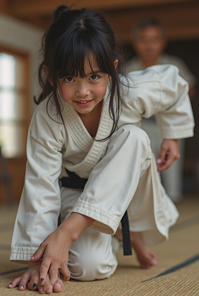 full body,photo of a 18 year old girl,practicing Martial arts,happy,laughing,ray tracing,detail shadow,shot on Fujifilm X-T4,85mm f1.2,depth of field,bokeh,motion blur,<lora:add_detail:1>,