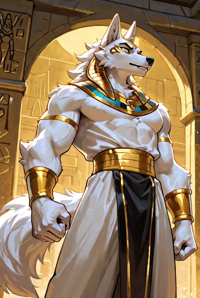 canid, canine, canis, mammal, mythological_canine, mythological_creature, were, werecanid, werecanine, werewolf, wolf, mythology, gold_eyes, anthro, biped, white_body, white_fur, male, fingers, fluffy, fluffy_tail, fur, full_body, desert background, gold_regalia, gold_ankle_brace, gold_braces, smiling, mostly_nude_male, full_body, digital_media_(artwork), hi_res, masterpiece,