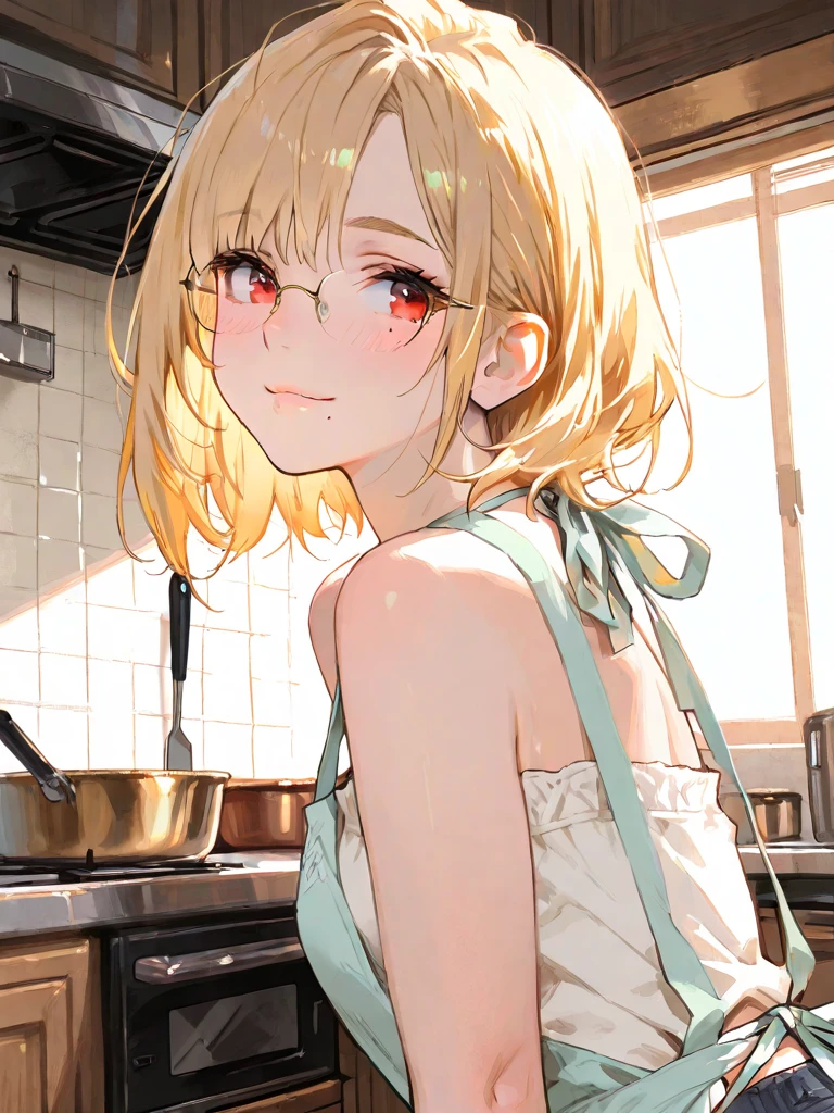 masterpiece,best quality, very detailed,1 woman(Sakurai Momoka, Beloved , naked body, wavy hair, long hair, blonde hair, hair band, pink flower in hair,green eyes, half closed eyes), face coming, smirk, chapped lips, nose blush, blush, facing the viewer , looking at viewer, head tilt, alone, apron, naked apron, in the kitchen, night time, standing, fascination, Go ahead and try it,