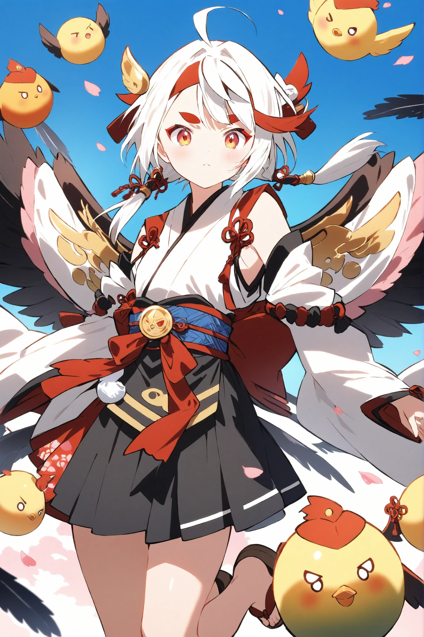 (anime:1.2),one girl、cute、Tengu girl、Sky Dog Decoration、tengu costume 、Tengu clogs、Tengu no Tsubasa、Red and black wings 、Red eyebrows、yellow porn、turime,boyish、red gradient on white hair