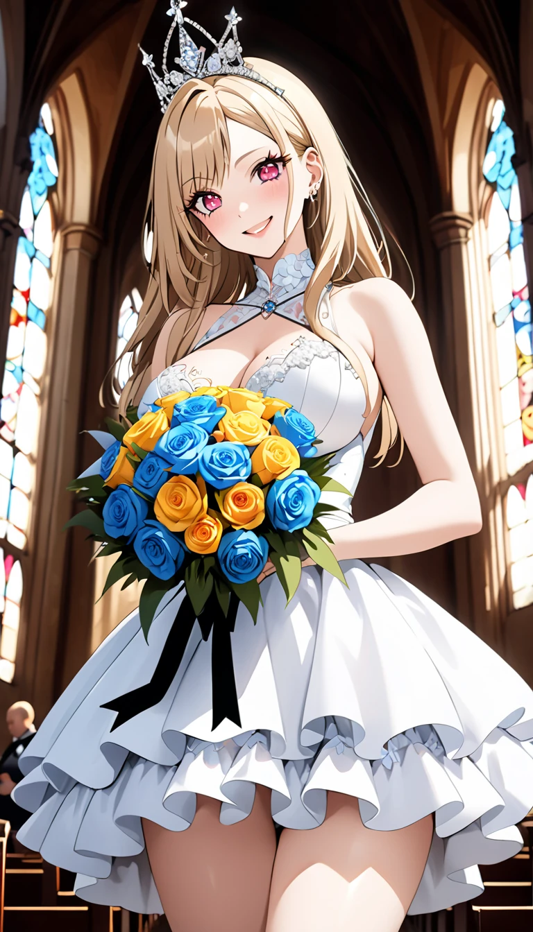 blonde, red eyes, girl, alone, solo, 1girl, prom dress, chapel, bouquet, smile