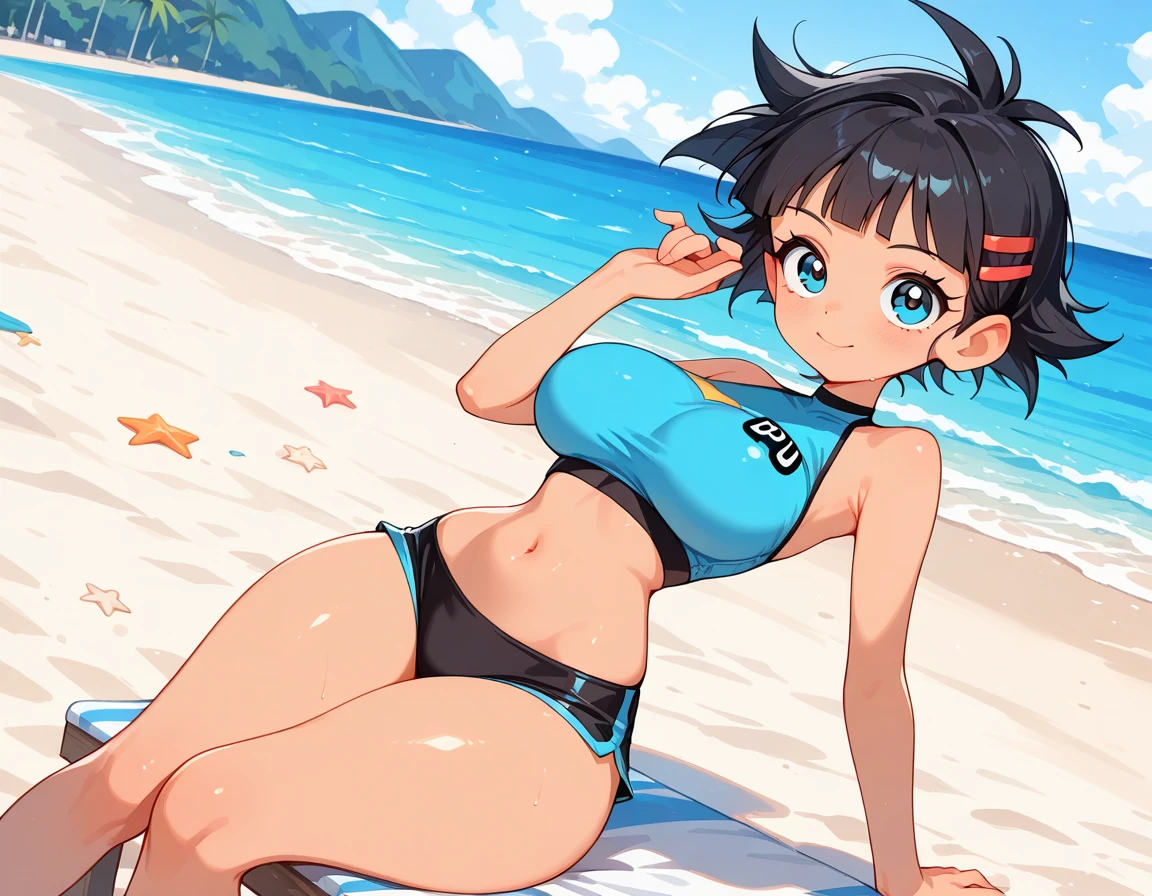 A young woman, 19-years-old, solo, Caucasian, black hair, cyan hair, gradient hair, ponytail, two-tone hair, blue eyes, cheerful smile, mature face, dark blue bikini top, dark blue bikini bottom, midriff, holding a beachball, beach, thin silver necklace, white bracelet, flat stomach