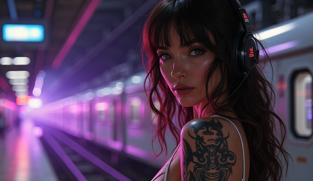 ((Cyberpunk art technique by Josan Gonzalez)), (Art inspired by the technique of Charles Lavesso) , NewYork beautiful Woman in cyberpunk street, ((Best masterpiece in the world)), photorealistic art rich in colors, ((Realism)), (extremely beautiful girl: 1.5), mature, sexy blond woman, (very big breasts:1.7), (full body), (semi-naked girl), sexy pose, (Crisp face), (one eye is bionic), wearing headphones, random hair lock color, perfect body, strawberry mouth with shine, eyes symmetrical, seductive look, beautiful eyes ultra detailed and with brightness, makeup, perfect hands with 4 fingers and a thumb, full buttocks and rounded medium and laterally, protruding areolas, (pubic hair barely visible), piercing in the navel, tattoos on the body, tattoo style Irezumi, thin waist, tanned skin, shiny skin, hyper detailed skin with visible pores, bionic, legging, wet with sweat, (see through fabric), Cyber Punk style jacket, high heel shoes, ((Metropolises night city of Cyber Punk night background extremely detailed: 1.4)), cyber punk walking npcs, parked sport bikes, (billboards: 1.2), glass cover, disco, alley, beach, landscape, neon, wet floor, glow efect, (8k resolution: 1.2), (Canon EOS R6), Artstation trend, Lumen[, sharp, photorealistic art, Ray Tracing, (High Dynamic Range 10 plus), surrealism, shadow, stereogram, Lens Flare light, (hyper realistic light and shadow: 1.2)