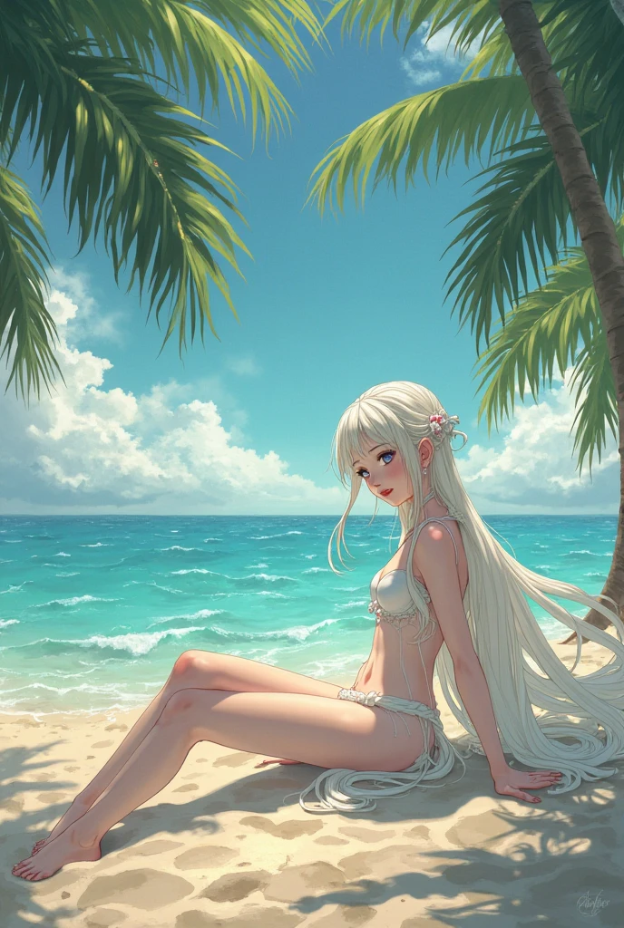 (flat sitting on the beach),full body,low angle,from below,((both arms up)),(pink elegant one piece swimsuit),((1girl,cute,young,semi long beautiful silver green hair,blunt bangs,beautiful eyes)),(solo),((masterpiece, highest resolution,best quality)), (beautiful illustration),(looking at the viewer), innocent smile,cinematic lighting,beautiful emerald green beach, white sand,waves,clouds,blue sky