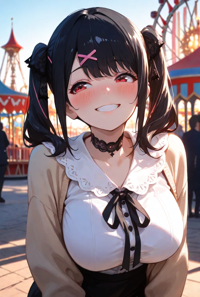 looking ahead,from above,slouch,handjob,side view,face focus,open mouth,tongue out,cum on tongue,Licking a white dildo,(1girl,Beautiful 14 year old girl),((Slender,Small breasts,Baby Face,Small face,)),looking at viewer,Black Hair,bangs,two side up,Gray Eyes,Drooping eyes,slit pupils,narrow eyes,ollarbone,black t-shirt,off-shoulder look,Black and red checkered short skirt,Beautiful and detailed anime art,Mischievous smile,Dimly lit room,Simple Background,Gray background,Low lighting