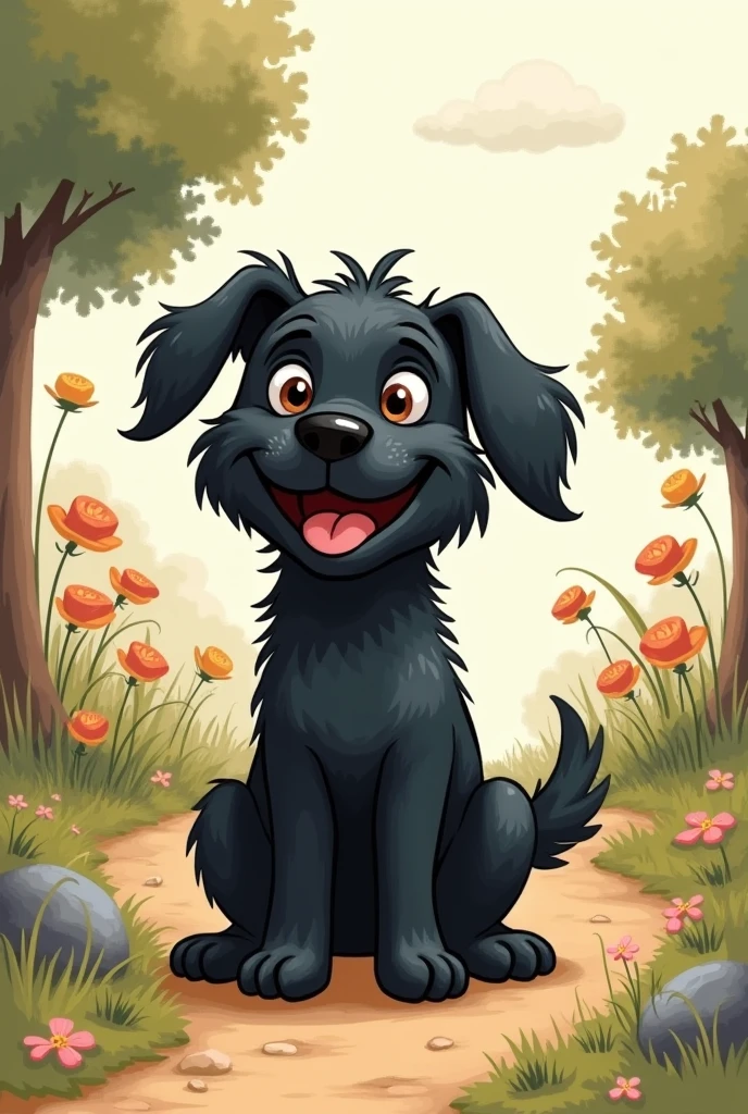 cartoon hand drawn storybook, black dog