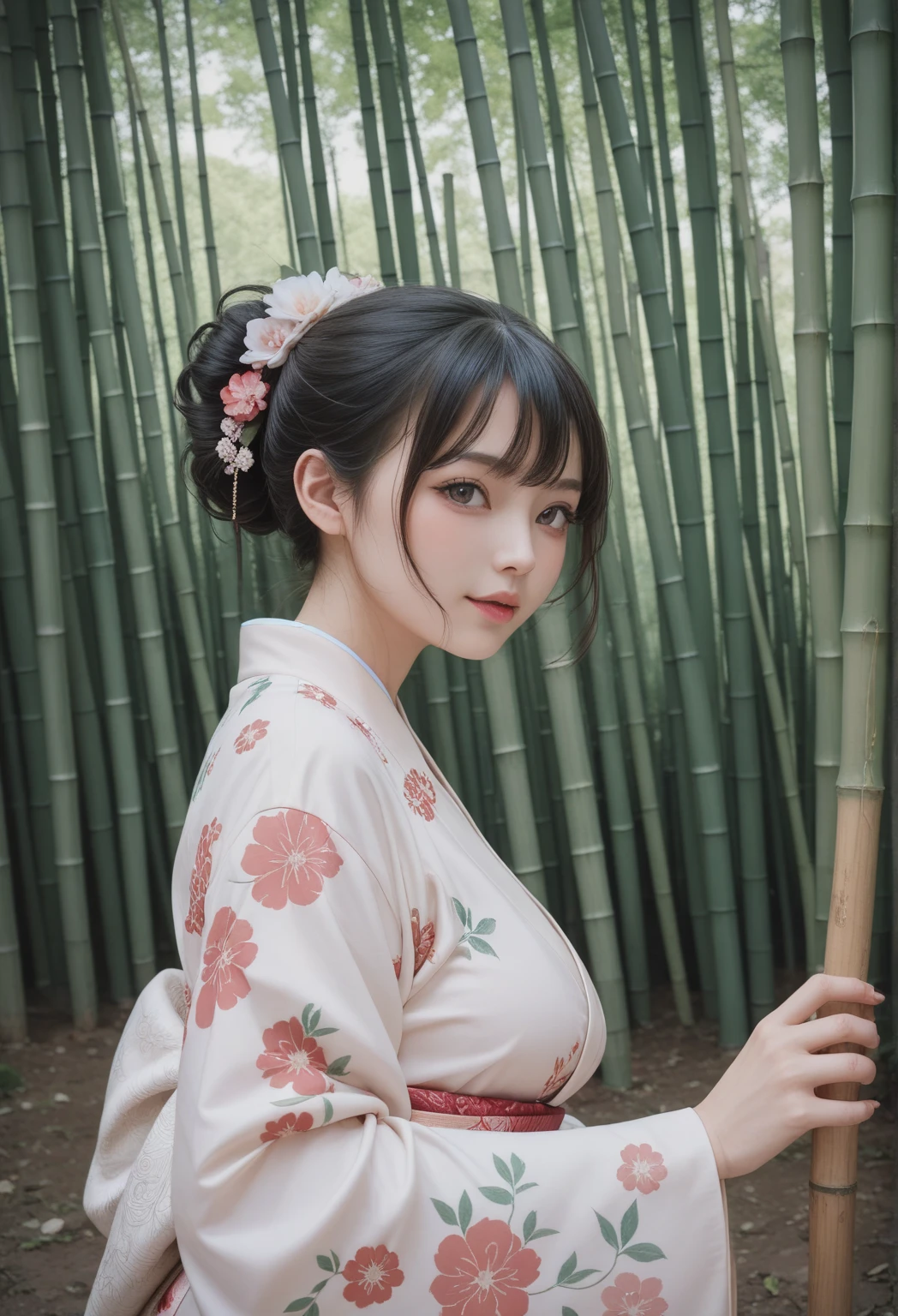 masterpiece, highest quality, highest quality, official art, beautiful and aesthetic:1.2),1 girl, alone, kimono, red and black kimono, hair ornaments, unsheathing, black hair, sheath, blue eyes, off shoulder, bare shoulders, flower, looking at the viewer, holding, Makeup, In a Japanese inn room,