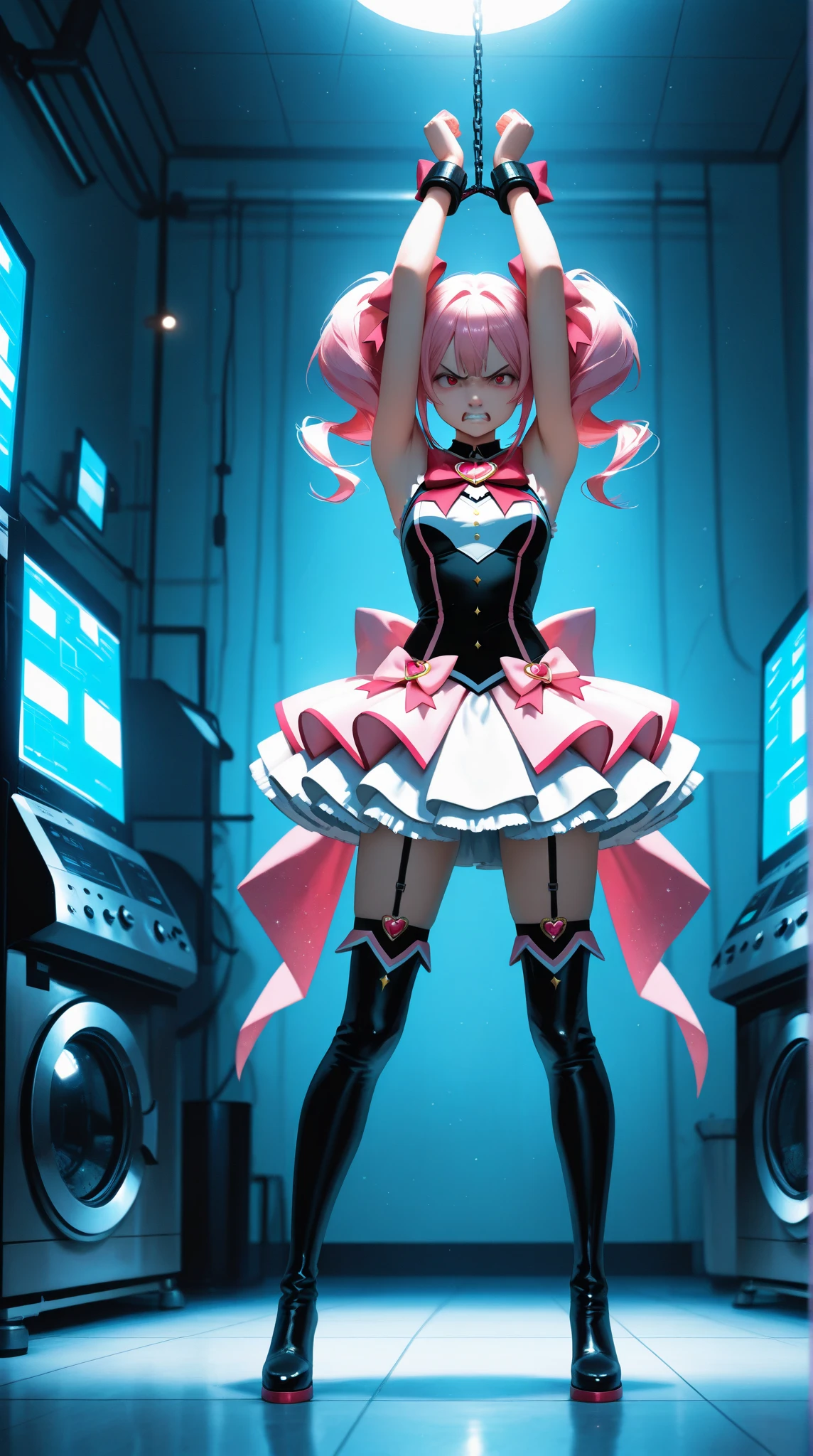 photo, woman style a woman in a short pink dress standing in front of a light display MechaLabor style <lyco:djzWomanV15-Lyco:1.0> <lora:djzJohnsonDesuV15-Zenkai-256:1>