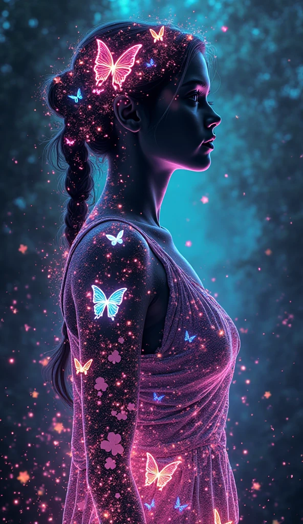 A side profile of a female figure with great curves illuminated in a vibrant blue hue. Her silhouette is adorned with multicolored butterflies that seem to emanate from her body, giving an ethereal and magical aura. The butterflies vary in colors, including pink, yellow, and green, and are scattered across her form. The background is dark, emphasizing the luminescence of the butterflies and the glowing outline of the female figure.