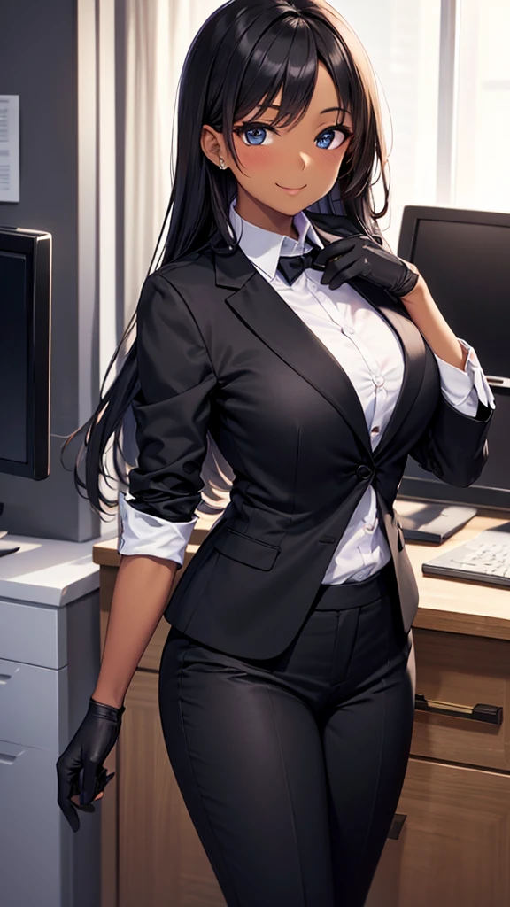 27 year old woman black hair blue eyes black skin black big breasts wearing a sexy office suit