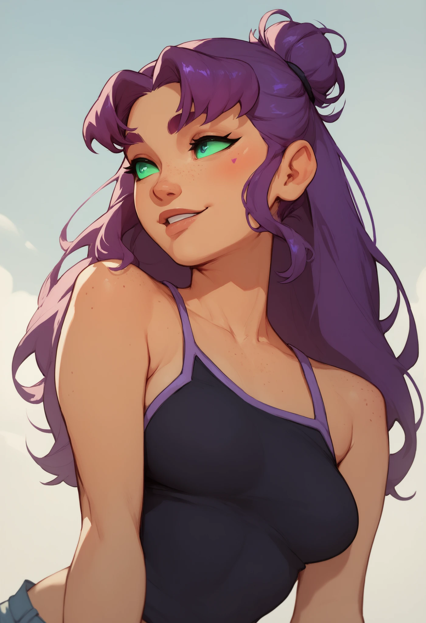 one single woman, starfire look alike, shor hair, single bun, light blue eyes, purple hair, purple skin, freckles, face marks, black clothes, little clothing, medium breasts,