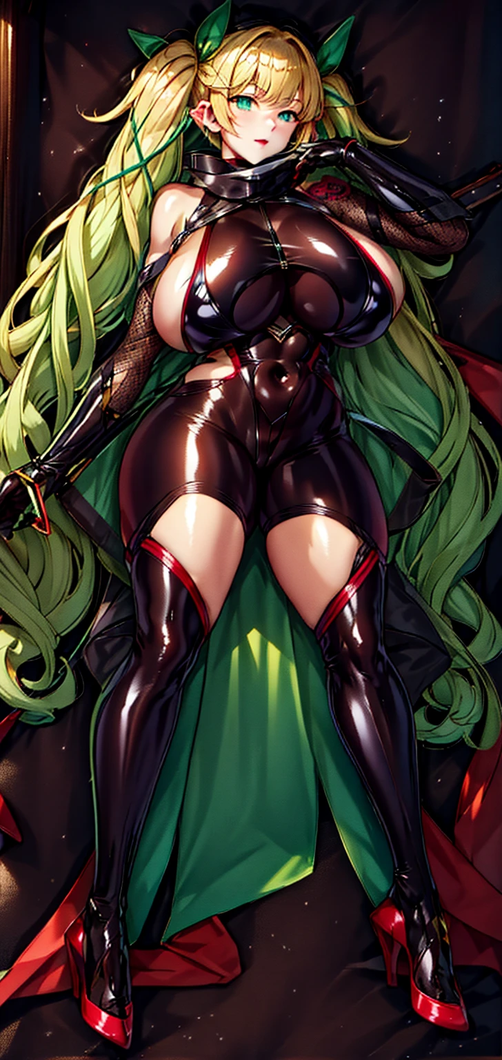 Thai Idol　Mature Woman　Blonde wavy hair with bangs　Large Breasts　Tear clothes　Black Eyeshadow　Smokey Makeup　Dirty makeup　((Bright red plump lips))　((ネオン輝くcyber punkな街))　((Green khaki enamel military uniform tight mini skirt))　((Ultra-shiny metallic black patent leather knee-high boots))　Tight mini skirt garter belt　 masterpiece　8K　cyber punk　Electric Punk Urban Battlefield　Female Generals　((Bright red plump lips))　Duck mouth　gravure　Sit with your legs apart　A ignorant demon sergeant who controls a multitude of tentacles　