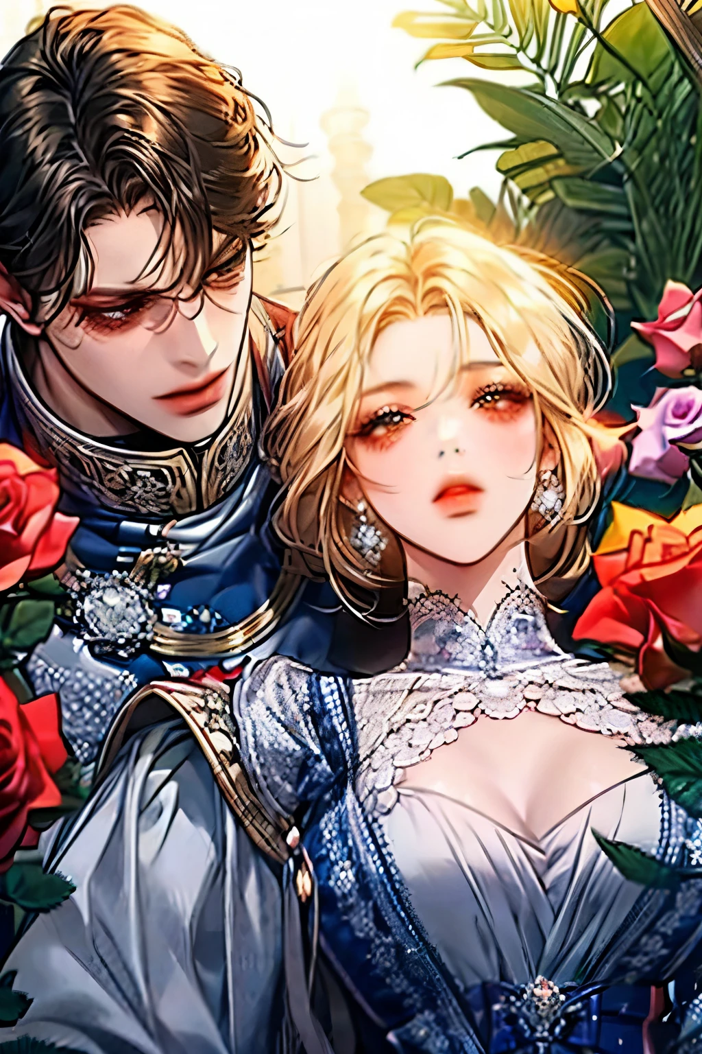 A knight and a mature princess, roses, detailed and hd results