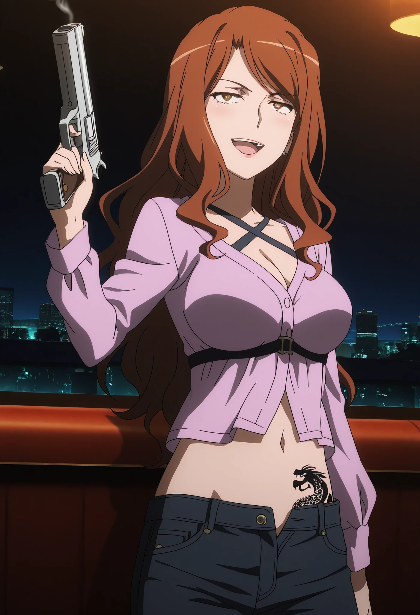 anime coloring, anime-style, anime screencap, detailed background, vignetting, masterpiece, high quality, absurdres, best quality, very aesthetic, newest, dynamic composition, anatomical correct, HD, 4K, digital art, trending on ArtStation, perfect body, perfect eyes, perfect fingers,, mugino shizuri, long hair, wavy hair, brown hair, brown eyes, bright pupils, , 1girl, ear piercing, long hair, blush, lipstick,Hot girl, baddie, smoking, sensual, attractive, bar
background, inside bar,indoors, cityscape, casino, nightclub, city lights, masterpiece,high
quality,4k,belly,,holding pistol,cleavage, ,unbuttoned shirt, collared shirt, knot, smile, open
mouth, (nsfw) not safe for work, evil expression,belly, exposed navel, exposed midriff,
exposed lower belly,dragon print jacket, unbuttoned jeans , low rise black jeans, Low rise
jeans with open fly, , criss-cross halter, dragon tattoo , narrowed eyes ,waist tattoo, , medium large breasts, , anime screencap , anime coloring,,