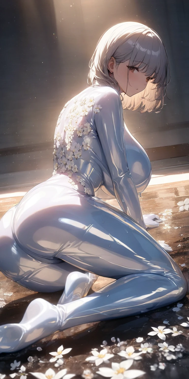 A photo of a girl wearing a white high-slit cheongsam with a floral pattern,highest quality, masterpiece,(realistic:1.2),huge breasts,slim waist,wide hips,black hair,smile,in the garden,Fair skin,lipstick,bust,big cleavage,RAW photo,8k,realistic,High resolution,in spring,blush,perfect stomach,sexy pose, big ass、wonderful、big big,35 years old、とてもbig big、Delicate and accurate skin texture, elegant red and black 、bright red lips、clear white skin、Japanese mature women 35 people、fine red-black areola、fine brown eyes、ふわふわの長いblack hair、Plump body shape、Wearing glamorous bras and shorts、gorgeous accessories、white lace gloves、gorgeous hair ornament, ((Very precise and accurate anatomy)), ((Very precise and accurate anatomy)), ((Very precise and accurate anatomy)), ((とても large breasts larger than the face:1.85)), ((とてもbig ass:1.55)), ((NSFW:1.5)), ((Highly detailed and realistic semen)), ((The whole body is wet with real semen:1.79)), ((Showtime on stage)), ((glittering stage lighting)), ((There is a large monitor at the venue......)), ((A large amount of white sticky semen covers the entire stage floor......:1.85)), (((Random pose reminiscent of intense sex))),(((Woman fucked hard on stage))),(((Random High Heels))),(((Semen does not stand up or come out))),((((Legs and white slime-like semen do not fuse)))),((((Porn video played on venue monitors:1.75)))), (((Intense and violent erotic porn video footage))), ((((視聴者に見えるポルノビデオ内での太いペニスを持つ男性とhuge breastsを持つ女性のセックスシーンの映像:1.65)))), (((Random poses of masturbating with a とても thick and realistic dildo on stage))), (((Super erotic erotic random pose)))