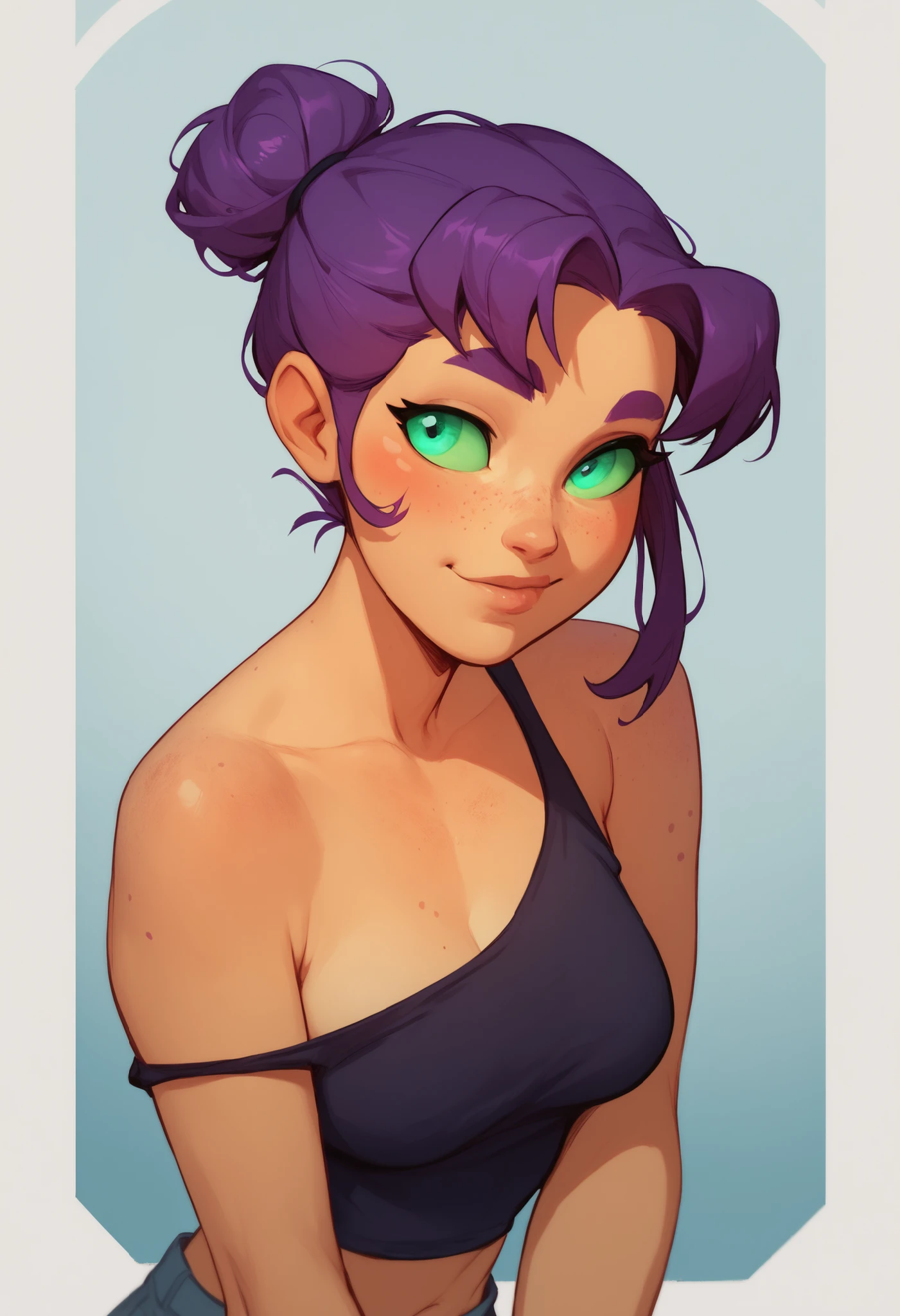 one single woman, starfire look alike, short hair, single bun, light blue eyes, purple hair, purple skin, freckles, face marks, black clothes, little clothing, medium breasts,