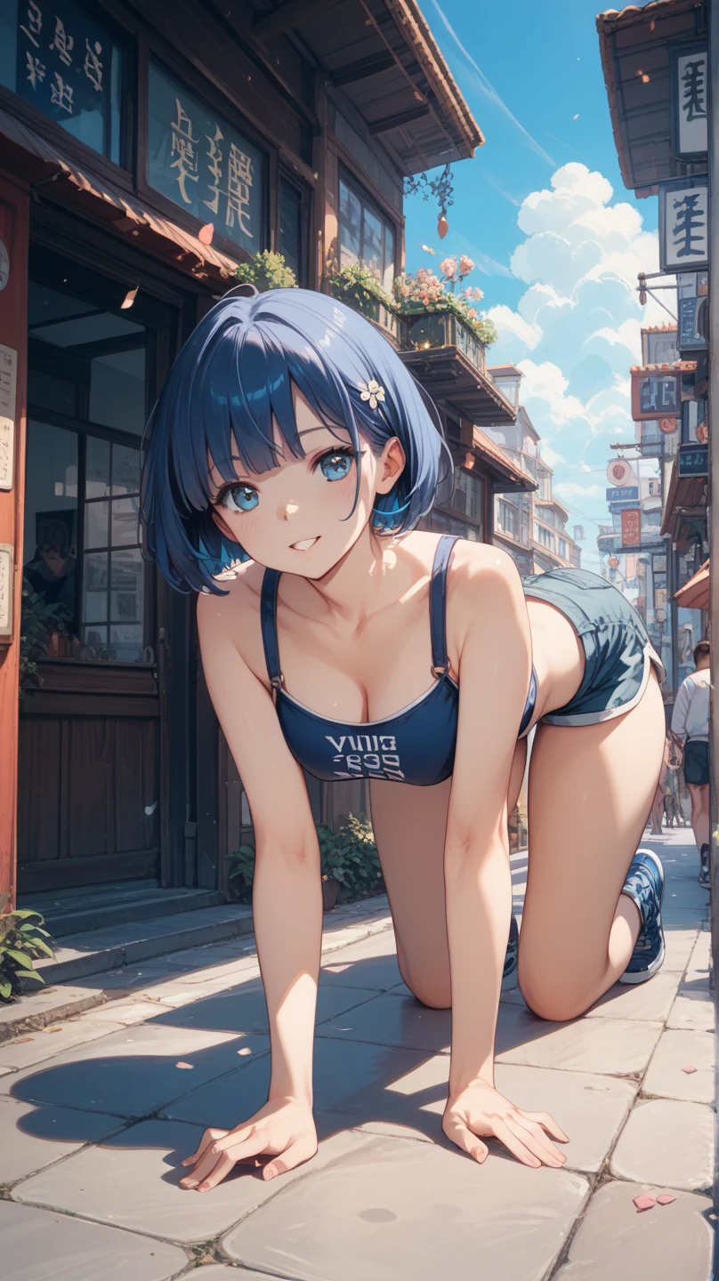 2D Anime Style、Blue eyes、breasts are slightly larger、A cool adult woman with light blue gradation blonde short hair and a shy smile...、Black fashion that shows off your stomach, Walk around town while touching your hair...........,