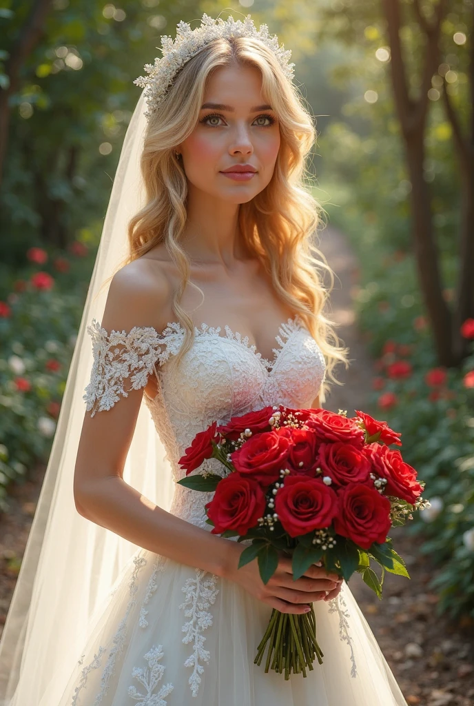 a one woman, Alta loira, with strong makeup red lipstick, wearing a wedding dress, with a red-detailed neckline showing off all her tattoos, a butterfly tattoo on the chest, on the feet red high heels, She wore a white dress and carried a bouquet of black roses with red details in her hands... 