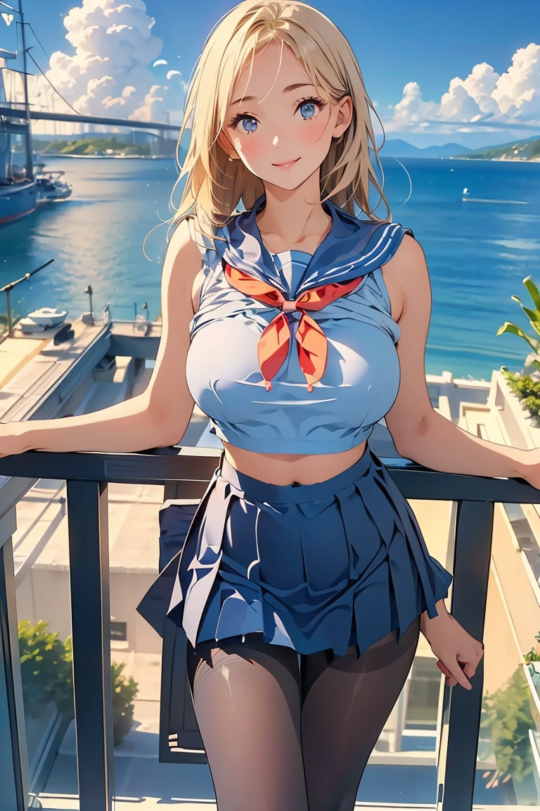 (High quality, High resolution, Fine details), Realistic, (navy), Sail ships, prow, Sunset, Sparkling water, white clouds, Solo, Slim woman, navy sailor hat, navy blue sailor uniform, Braided hair, Sparkling eyes, (Detailed eyes), Smile, Sweat, Oily skin, covered gigantic breasts, Hi3GB