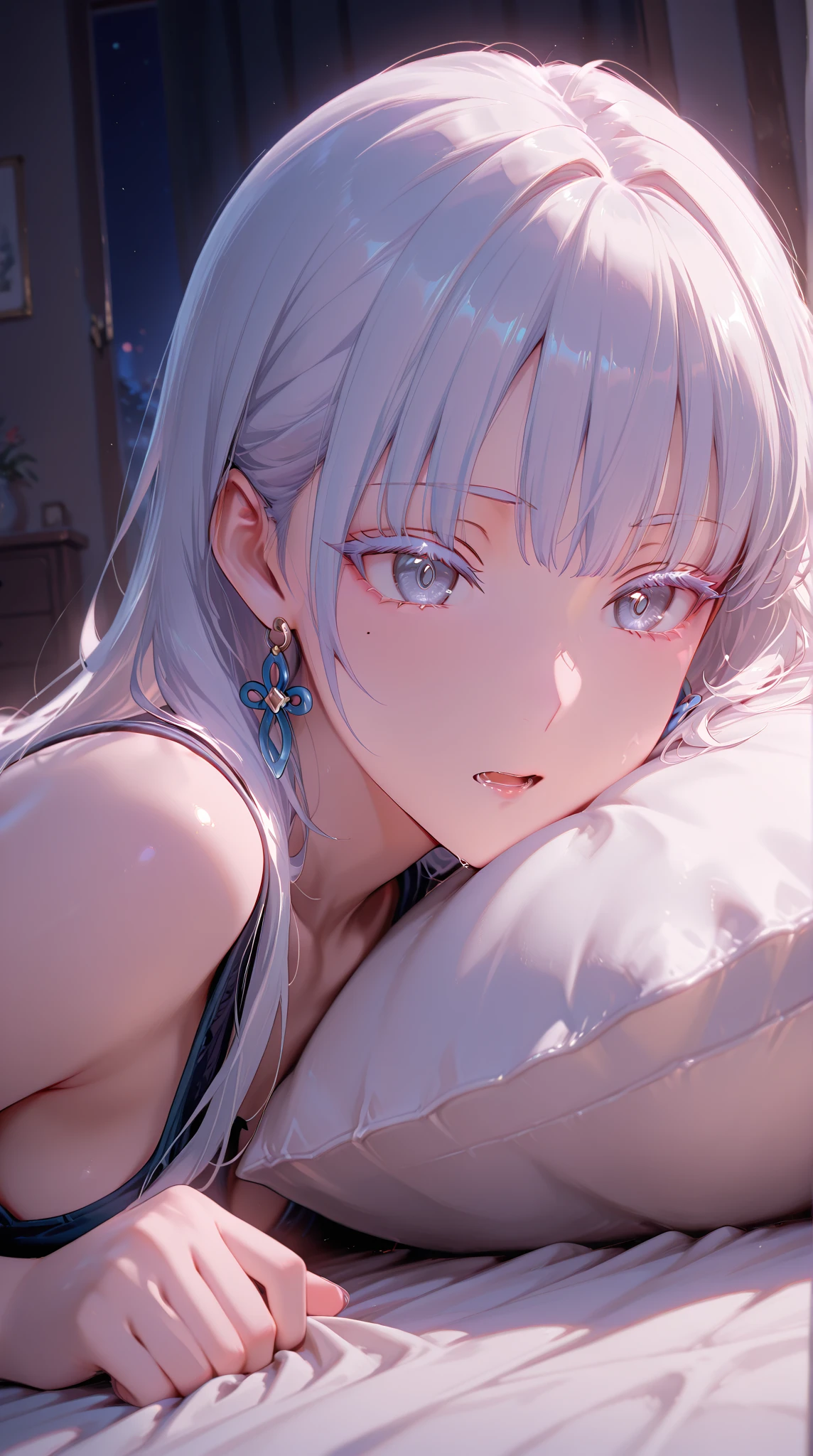 (((best quality)), ((masterpiece)), (details), masterpiece, best quality, high quality, ulutra detailed, perfect face, ((1girl, blue eyes, cat ears: 1.3 silver bob hair: 2.5,)) 、Shiny Hair、Glowing Skin、blush、Lustful look、Sleep in bed、Side Angle、whole body、Lace purple babydoll、barefoot、Purple lace panties、Butt、Sideboob、Prone
