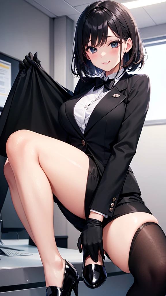 8K Ultra Clear,tmasterpiece,HighestQuali,A hanged in a tie-up,legs are open,half squatting,Erotic jumpsuits,Lace,with short black hair,Loafer shoes,,No collar and no sleeves,leaky belly button,((pussy:1.2)),(a lot of cum),(Vaginal enlargement)