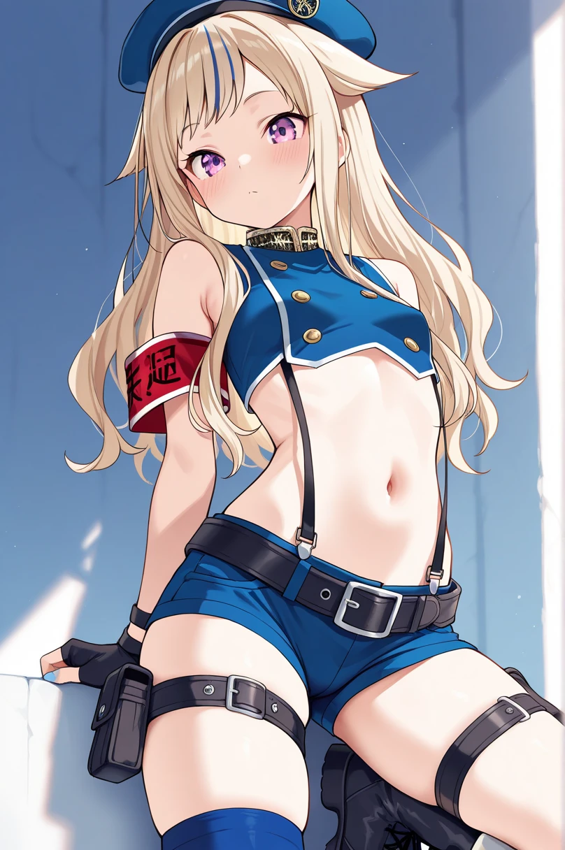 ubel,dark green hair,long hair,side ponytail,hair between eyes,bangs, BREAK (beret, black jacket, open clothes, cleavage, midriff, black shorts, black thighhighs, thigh strap, fingerless gloves, single glove:1.2), Photo,sharpness, F1.6 lens,hyper-realistic textures,spectacular light textures, Cinestil 800 Fashion Mechanics,(((Beautiful woman with left leg restrained and hung by chains))),Appearance,Beautiful girl with accentuated slender abs: 1.1,six-pack abs: 1.1, Bust Botox,Standing on tiptoe, long legs,Long brown hair fluttering in the wind,Brown hair, Long hair, Female Warrior Costume,(No panties,No bra),(tacticul battle fashion,elbow and knee tacticul battle fashion, battle glove: 1.1),((cute batre costume)),The belly comes out and the navel is visible,Thin sheer costume, combat gloves,shredded costumes,cyber long combat boots with golden knee pads,Anatomical,(futuristic sci-fi battle fashion, new elbow and knee cyberpads, new cyberlong boots, new cybergloves: 1.1),(tied perfectly by iron chain), Restraint, Slave, collars, contempt, (Chained), 4 chains hung from heaven, Metallic shackles and fetters, wet crotch clearly visible,((Hands are restrained above the head)), the neck is chained,Chain from left knee to heaven,Chained by rusty iron chains,((the tip is protruding, areolas protruding,The shape of the pubic harearea is clearly visible:1.2)),Sweating,Wet,Wet crotch,Wet thighs,Junkyard, Realistic, (cute, perfect clothes, skimpy clothes, cute: 1.3) ,Vast miritary base in us,((wide mirtary hospital with summer sunlight)), peeling ceilings, Rebar between, Realistic material details, Extreme details, Ultra-realistic materials,narrow waist,(with sparkling eyes and a contagious smile:0.9),looking at viewer,