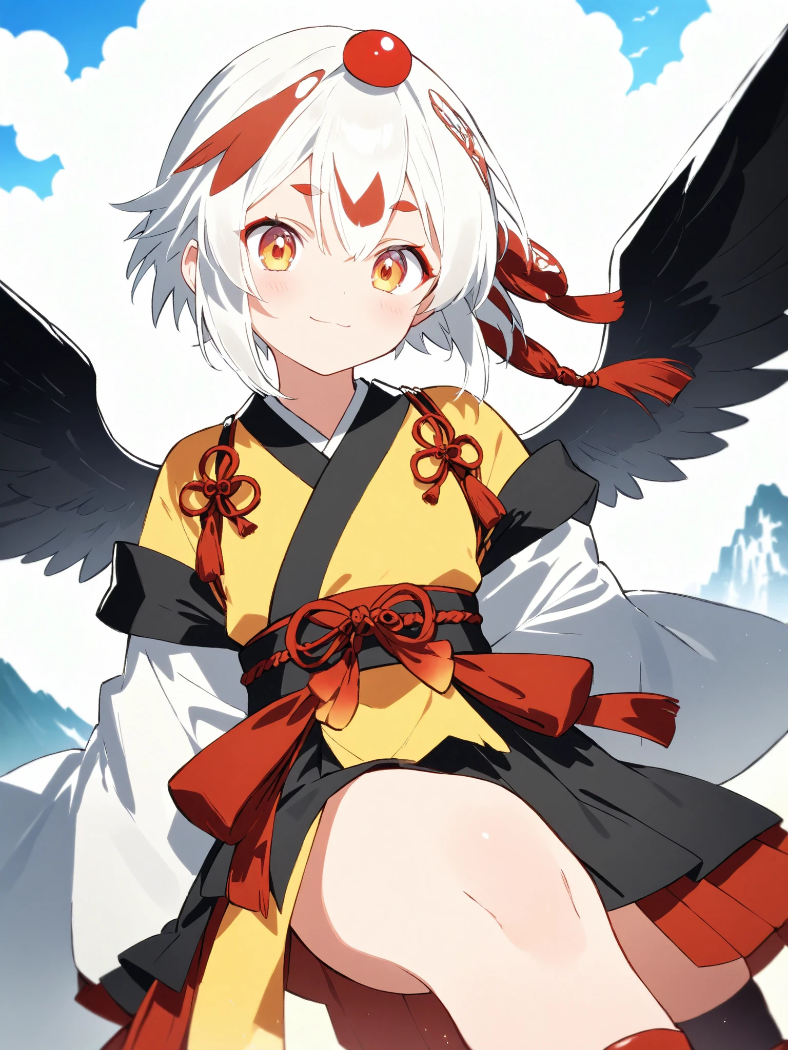 (anime:1.2),one girl、cute、Tengu girl、Sky Dog Decoration、tengu costume 、Tengu clogs、Tengu no Tsubasa、Red and black wings 、Red eyebrows、yellow porn、turime,boyish、red gradient on white hair