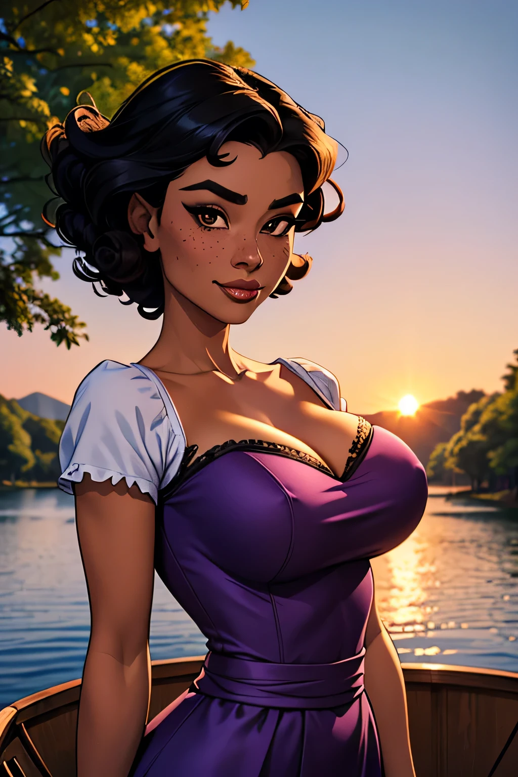 ( Absurdo, hd , Ultra detailed, be careful with your hand ) Close-up view of a thin and athletic woman, 25 anos, 8k (( high definition )), MYSTERIOUS SMILE, look seductive, brown eyes, wearing a lilac high-waisted long dress (( with boat neckline, short sleeves )), thin waist, arms at the sides of the body, ebony skin , black hair (( short and curly )), she is hiking through the forest (( upper body )), with freckles on the neck and breasts , (( large, round breasts, suaves )), (( Well defined collarbone)). Marvel style (( hq )), dense forest and sunset in the background.