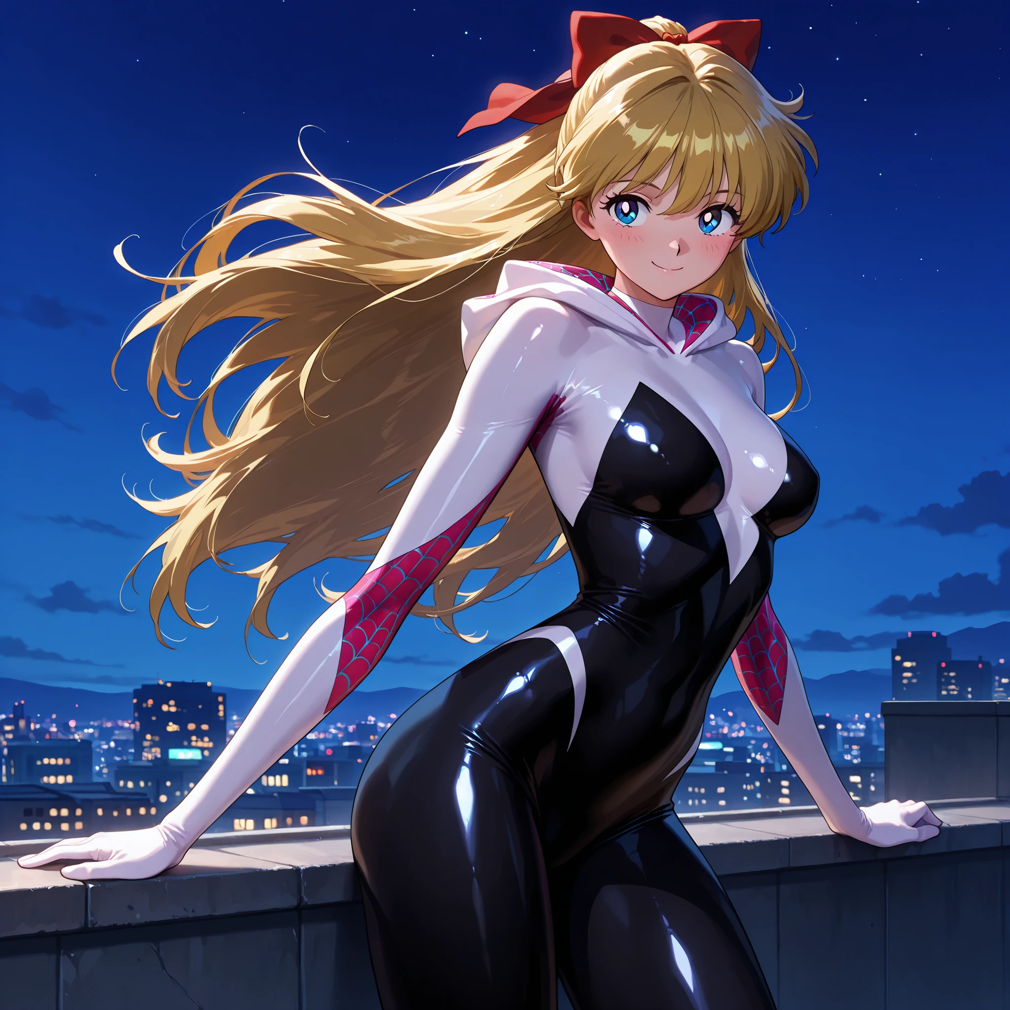masterpiece, amazing quality, best quality, ultra-detailed, 8K, illustration, clear skin, ultra-detailed-eyes, soft skin, very awa, very as2, shiny skin, shiny hair, soft body, 90's style, official art, minako aino, blonde hair, blue eyes, hair bow, half updo, long hair, (hood down), superhero, spider web print, white hooded bodysuit, white bodysuit, black bodysuit, multicolored clothes, spider gwen cosplay, night, rooftop, posing, smile, solo