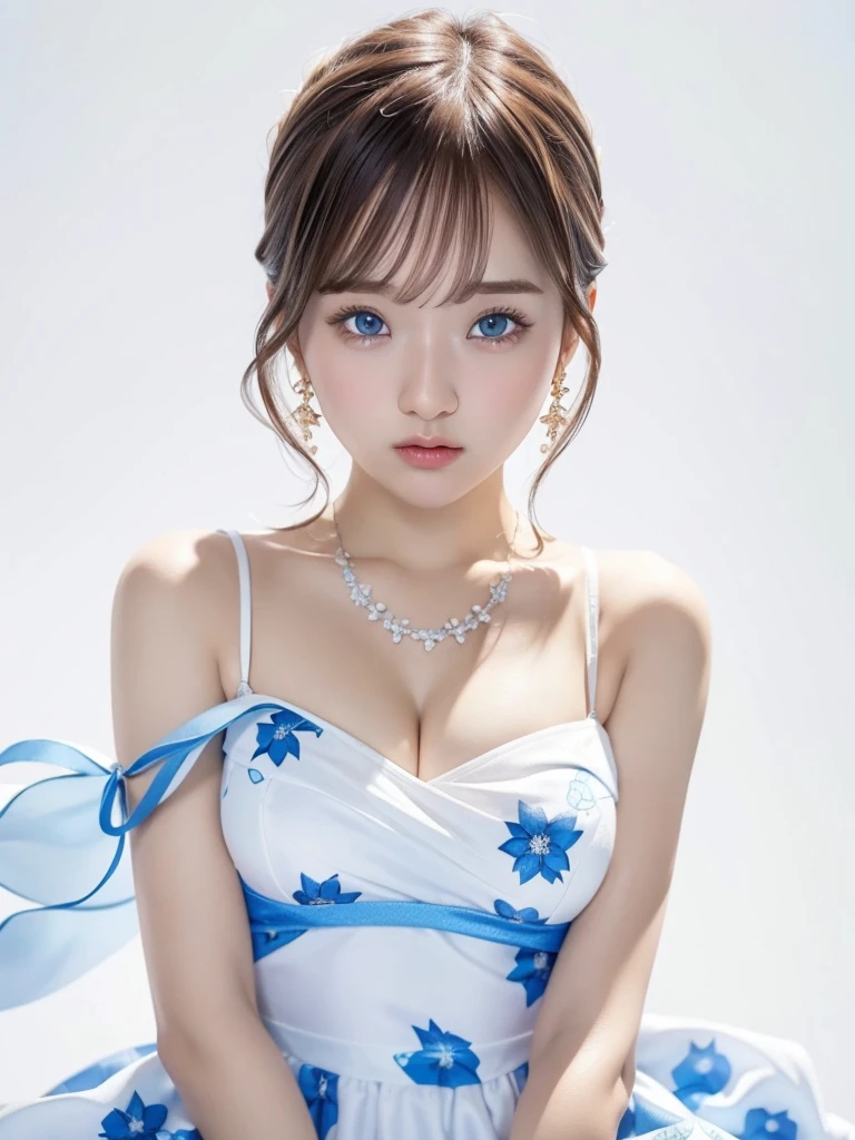 8k,Confused, High resolution, Very detailed, 1 girl, alone, Very beautiful eyes, Ultra-precise depiction, artistic、Very detailed depiction, (Tangled:1.2), , (White high key background:1.5), (((White dress with blue floral pattern 1.5))), 、 short hair、Loose wavy hair、Earrings and Necklaces、Brown Hair, (Glowing Skin), Many colors, , (Shooting from above:1.2),、Flat Body、slim、cute、、Round face、Cast a Shadow、、Smile 1.3