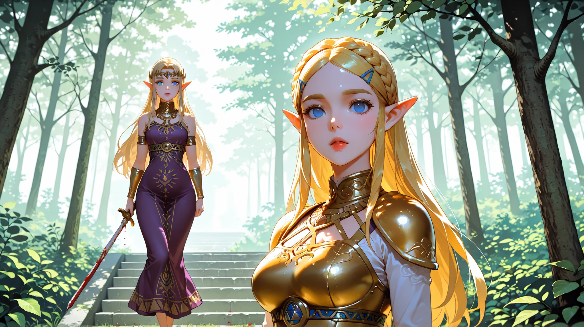 princess zelda (princess zelda ) a beautiful young girl dressed in ornate armor standing confidently in a forest setting. the image also shows lush greenery and sunlight filtering through the trees. on the middle of the image, a 1woman, who appears to be in her early twenties, with long blonde hair styled in a long hair style, wearing a golden armor with intricate designs and a pink and purple dress with a floral pattern. she has a serious expression on her face and is holding a sword in her right hand. she is standing on a set of stone stairs in the forest, surrounded by trees and greenery. the lighting is soft and natural, creating a tranquil and serene atmosphere. casting gentle shadows on her body. pointy ears, pointy ears, hair ornament, hairpin, impatience, eyelashes, lips, blue eyes, detailed lips, blood on lips, guys in blood, detailed blood, yandere look, empty eyes, gapmoe, grimdark, blood on weapon
