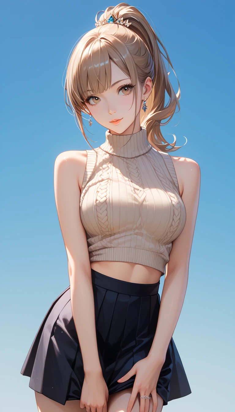 ((Highest quality, High resolution, masterpiece, detailed)),
Cowboy Shot, Written boundary depth, View your audience, Anatomically correct, 1people, woman, Perfect Face, Cute and symmetrical face, Shiny skin,
(Medium Hair, Platinum Blonde Hair), Chestnut brown eyes, (Large Breasts:0.8),
The finest details, Beautiful Hair, Beautiful Face, See-through nipples, Beautiful body, Beautiful breasts, Beautiful belly button, Abdominal muscles, Beautiful thighs, Beautiful feet,
(Sleeveless high neck crop top, Denim shorts), (Show Panties, Black side string panties),
(Beautiful views), summer, Tree-lined street, (blush),