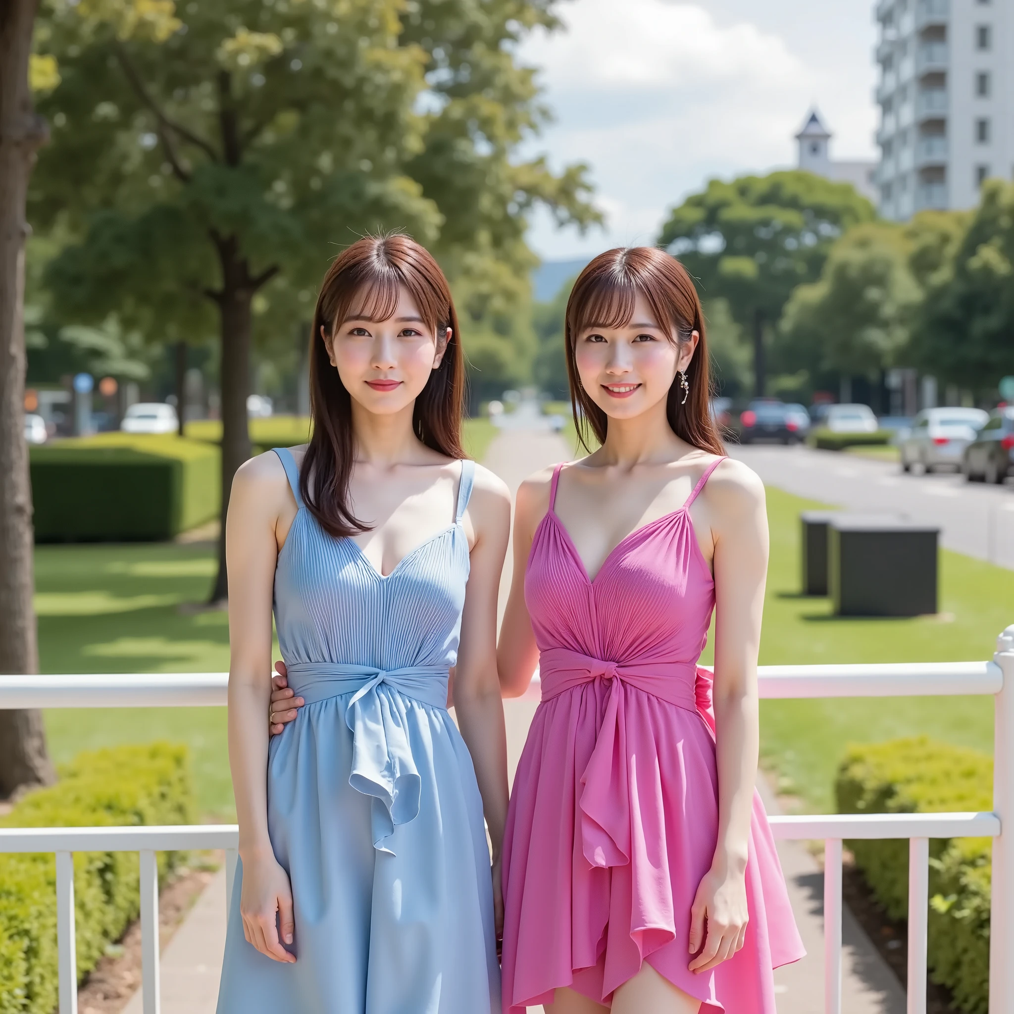 (very well detailed:1.30), ( super realistic portrait photo :1.25), ( very well detailed and clear focus :1.20), (with a woman in the center of the image :1.5), ( 2 beautiful Japanese female idols who are super detailed :1.5), full body shot , break,
(The two are each dressed in a different color;1.6), ((Super Shiny Fuchsia and Blue-Purple Camisole Dress:1.5)), Areolas are not visible but nipples are erect:1.4, break, rose print stockings:1.5,
(very well detailed beautiful Japanese female idol:1.10), (very well detailed beautiful slender and glamor:1.9), (perfect anatomy:1.15)), (cute smile:1.3), (very well detailed big eyes, double eyelids), break, ((very well detailed upturned beautiful breasts, large breasted F cup :1.5)), deep v-neck, ((super fit costume:1.8), break, (very well detailed finely textured shiny oily skin:1.5), (Glossy Skin), ((ponytail, asymmetrical bangs, very elaborate beautiful hair :1.5)), (light brown hair), break, (full body photo:1.5), Dynamic Angle, golden ratio, break,
