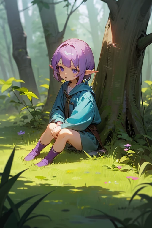 High quality realistic style, full body, single little goblin girl, green skin colored, purple hair and yellow eyes, using shredded clothes, bare skin, bare foot,, scouting the surroundings, curious expression, in a Forrest with fireflies and mystical lights.
