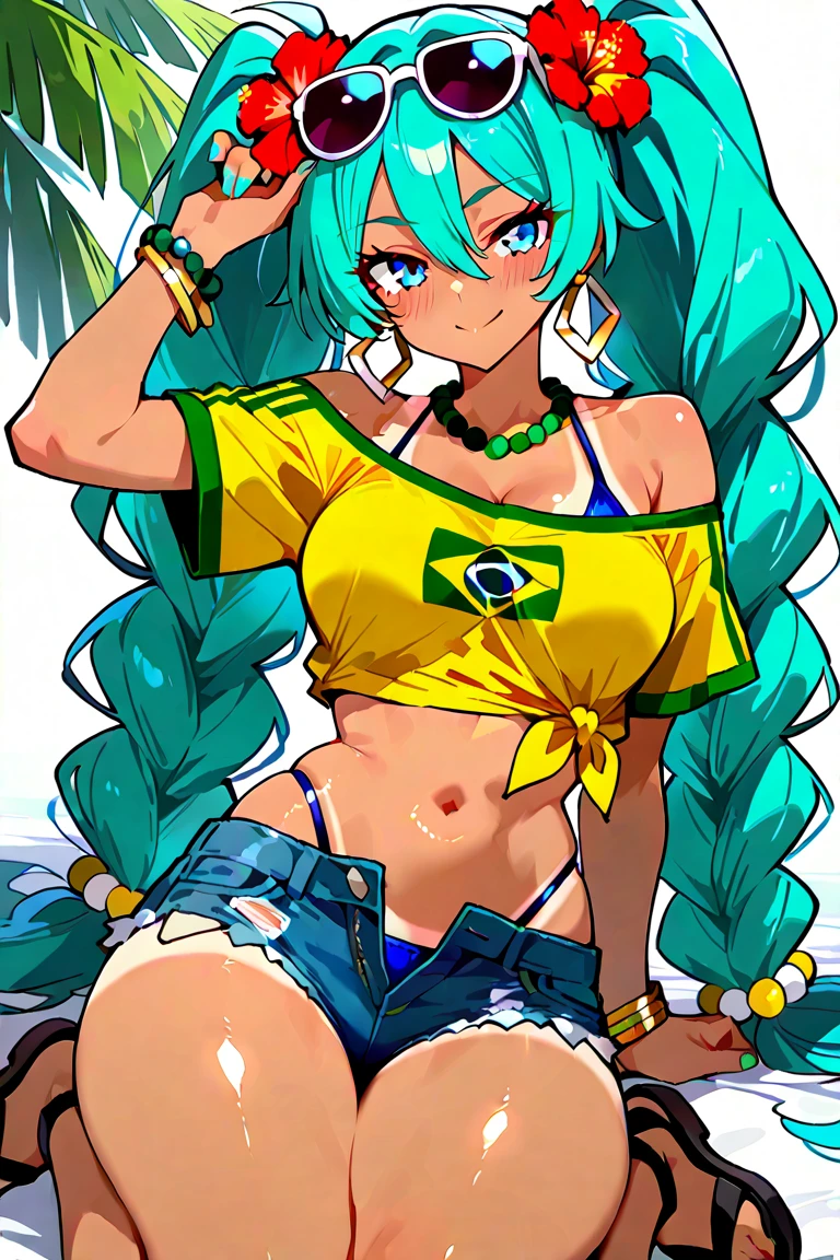 A Miku in a swimsuit with a brazilian shirt and tanned 