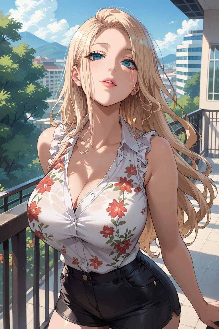 Elegant adult woman, blonde hair, long hair, bangs, casual clothes, cleavage, soft light, high quality, 4k resolution