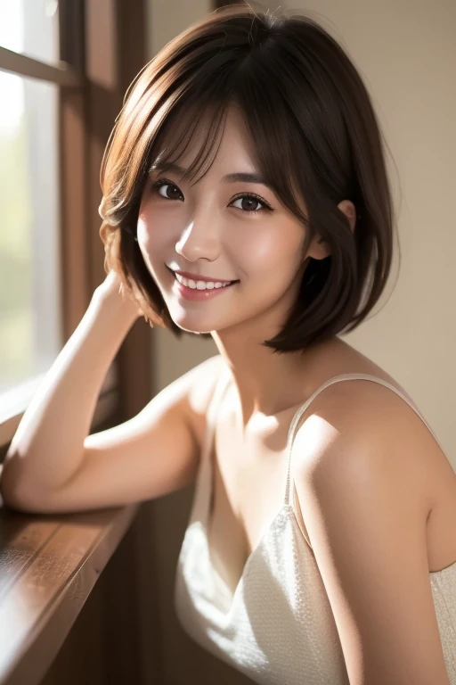 One Girl, (Dress in trendy fashion:1.2), (RAW Photos, highest quality), (Realistic, Photorealistic:1.4), Tabletop, Very delicate and beautiful, Very detailed, 2k wallpaper, wonderful, In detail, Very detailedな CG Unity 8K 壁紙, Very detailedな, High resolution, Soft Light, Beautiful detailed girl, looking at the camera、Very detailedな目と顔, Beautifully detailed nose, Beautiful fine details, short hair, small, White background、Background is white、Cinema Lighting, Perfect Anatomy, Slender body, smile,