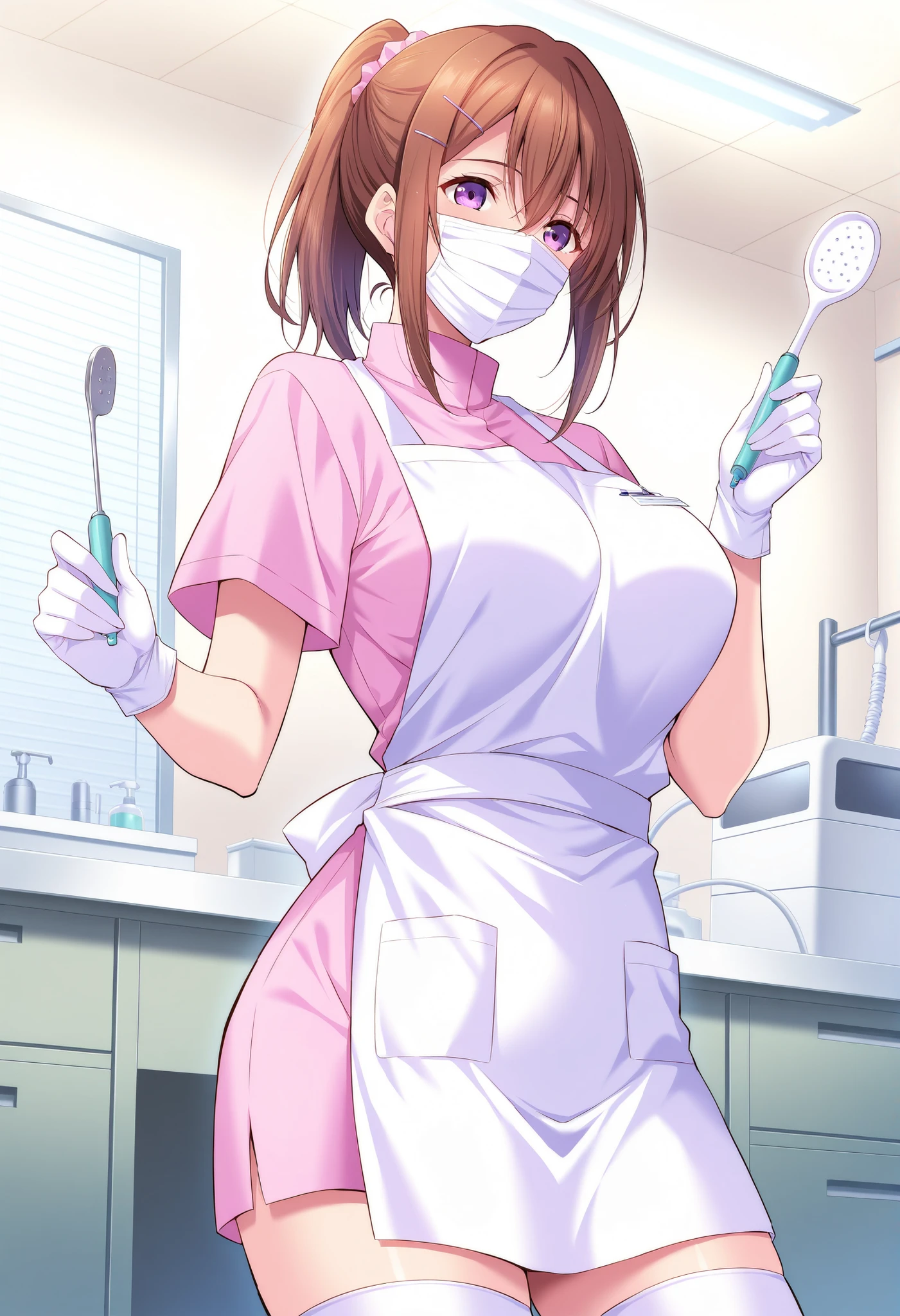 Score_9, score_8_up, score_7_up, source_anime, Sakurakawa_Ayana, 1girl, solo, brown hair, large breasts, ponytail, hair ornament, hairclip, purple eyes, shiny hair, hair between eyes, (best quality), (high quality), {masterpiece}, extremely delicate and beautiful, ultra-detailed, beautiful detailed eyes, dental hygienist, pink medical scrub, short sleeves, high collar, white apron, white latex gloves, white thighhighs, dentist office, ((white mask, mouth mask, covered nose)), standing