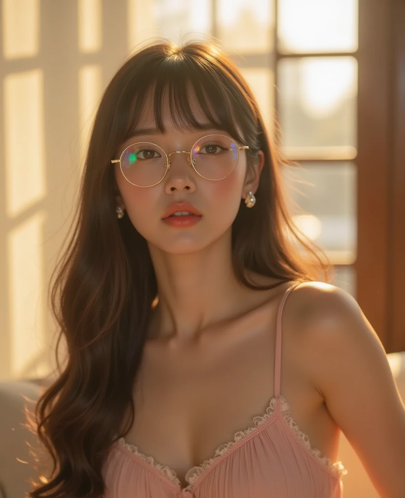 (photorealism:1.2), pale, beautiful woman, wearing a collared 60s style mini dress, long curly brown hair with bangs, wearing aviator frame eyeglasses, indoors, soft lighting, recording studio, relaxed pose, realistic, intricate details, warm colors,