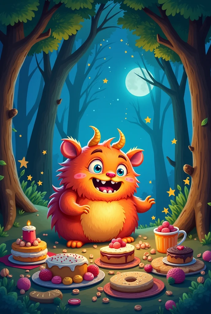 picture book, a cute monster, fun, Feast in the woods at night,