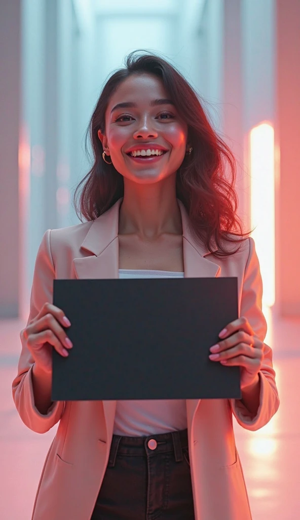 Beatiful indian girl in dark green suit, smiling face, holding a neon sign frame, with a text " NAYAKHEL.COM " showing to viewer, in white background