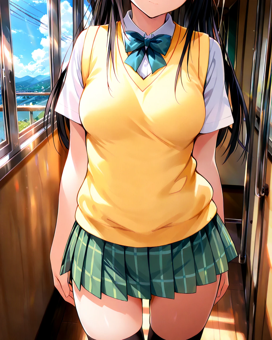 A girl named Sairenji Haruna with short blue hair and blue eyes, featuring a hairpin and visible forehead. She is wearing , yellow knit vest,white collared shirt,pleats skirt,green plaid skirt,green bowtie,sitting on the train seat,a glimpse of white panties.The art style should be in the style of Yabuki Kentaro, specifically the To Love-Ru art style. The image should be of masterpiece quality, with a highly detailed face, beautiful and detailed eyes, and a perfect body. The lighting should be professional, akin to official art or a grand prix award illustration. She appears shy and is looking away with her eyes downcast.angle from below,front view