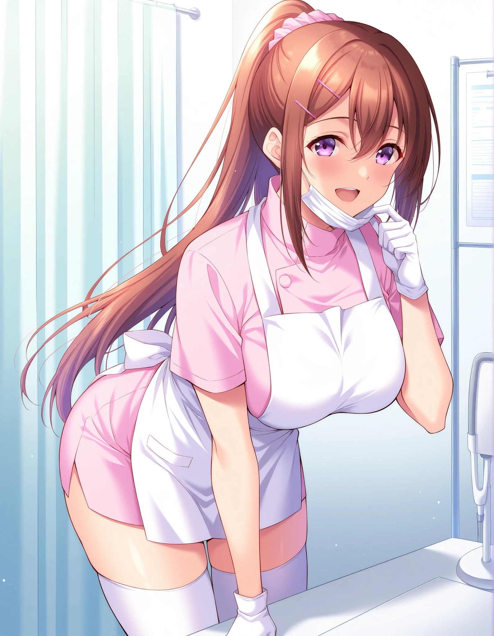 Score_9, score_8_up, score_7_up, source_anime, Sakurakawa_Ayana, 1girl, solo, brown hair, large breasts, long ponytail, hair ornament, hairclip, purple eyes, shiny hair, hair between eyes, (best quality), (high quality), {masterpiece}, extremely delicate and beautiful, ultra-detailed, beautiful detailed eyes, dental hygienist, pink medical scrub, short sleeves, high collar, white apron, white latex gloves, white thighhighs, dentist office, white mask, mask pull, smile, open mouth, leaning forward