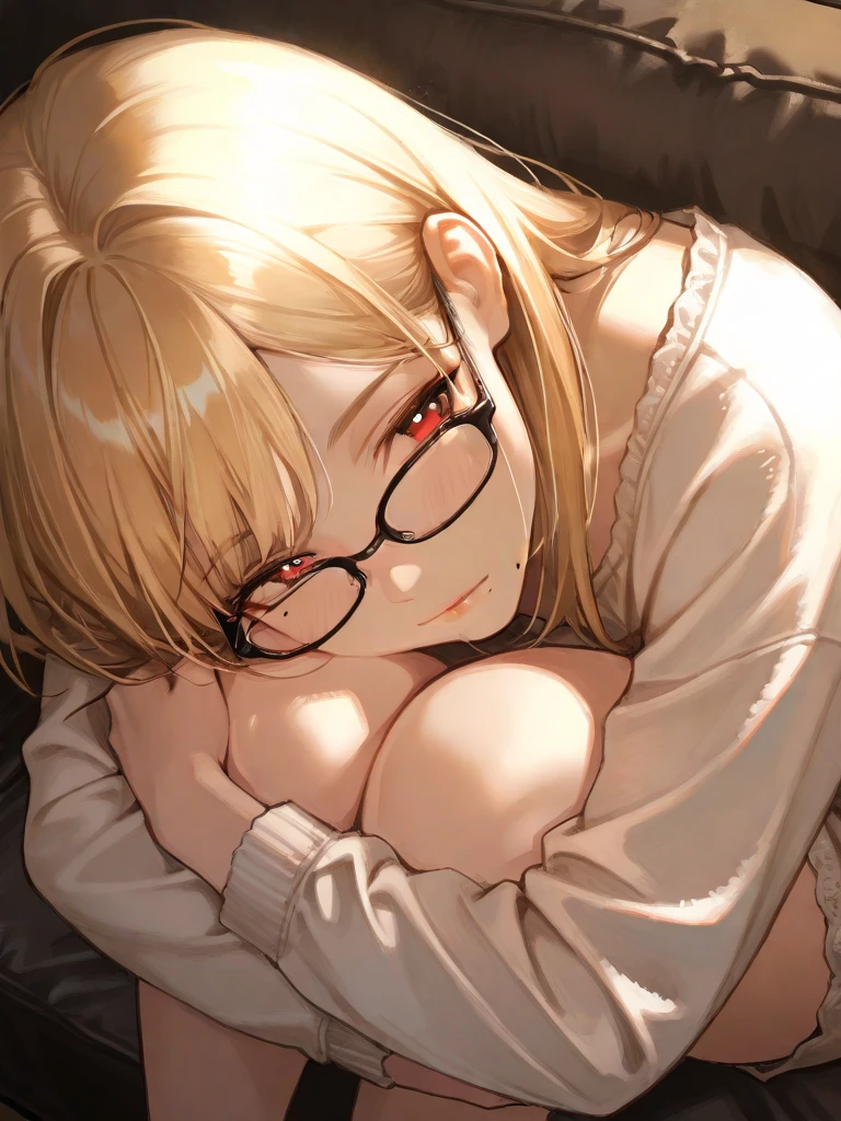 Highest quality,High resolution,1People Girl,whole body,Embrace each other,Look Up,Lying on your back,looking at the camera,Big eyes,Glasses,Crying face,Tears,Stringy saliva,Open your mouth wide,Sticking out tongue,Flush saliva,Overflowing with saliva,ponytail,Golden Hair,Red eyes,Glasses,Bondage,High Leg,Red tie,Tears overflow,Dripping a lot of saliva,Drooling,On the bed,sexy,Western-style room,Alluring,Whip in hand,