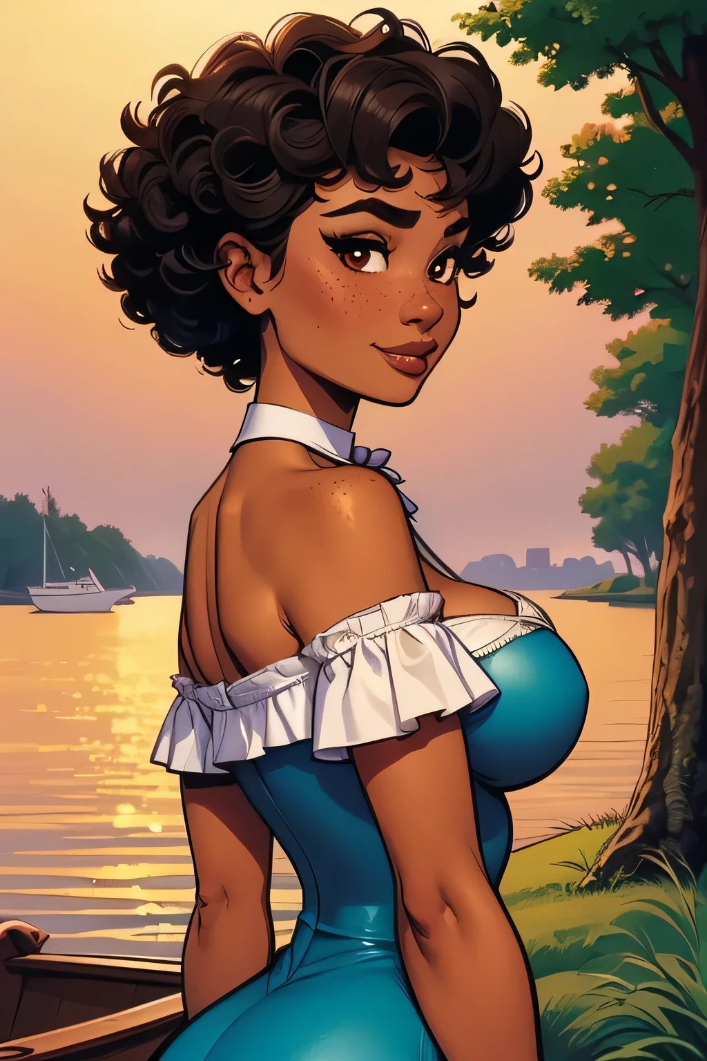 ( Absurdo, hd , Ultra detailed,  be careful with your hand ) Close-up view of a thin and athletic woman, 25 anos, 8k (( high definition )), MYSTERIOUS SMILE, look seductive, brown eyes, wearing a lilac high-waisted long dress (( with boat neckline, short sleeves )), thin waist, arms at the sides of the body, ebony skin , black hair (( short and curly )), she is hiking through the forest (( upper body, side view )),  with freckles on the neck and breasts  , (( large, round breasts, suaves )), (( Well defined collarbone)). Marvel style (( hq )), dense forest and sunset in the background.